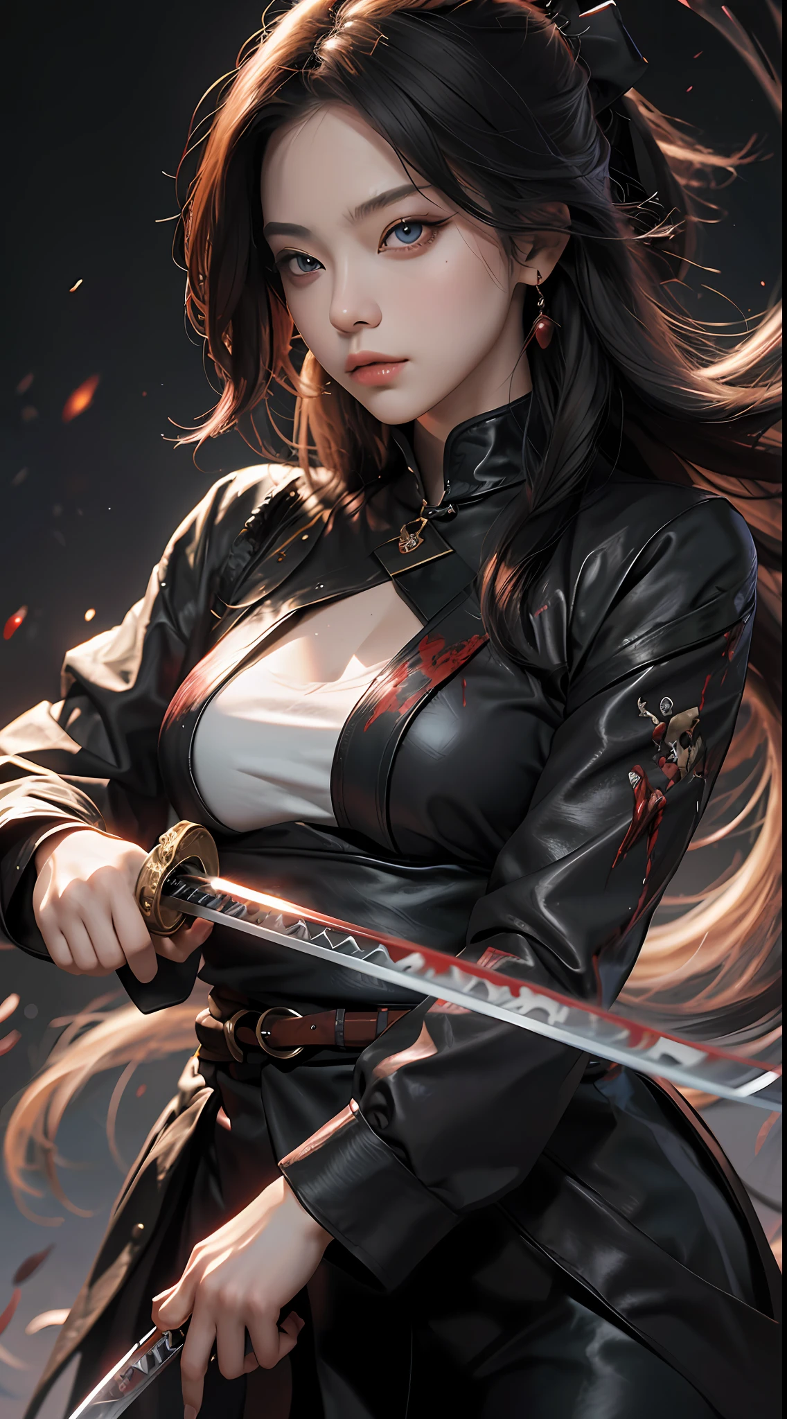 Masterpiece, superlative, 8k wallpaper, a woman holding a katana, surreal, blood, resolute eyes, sword light