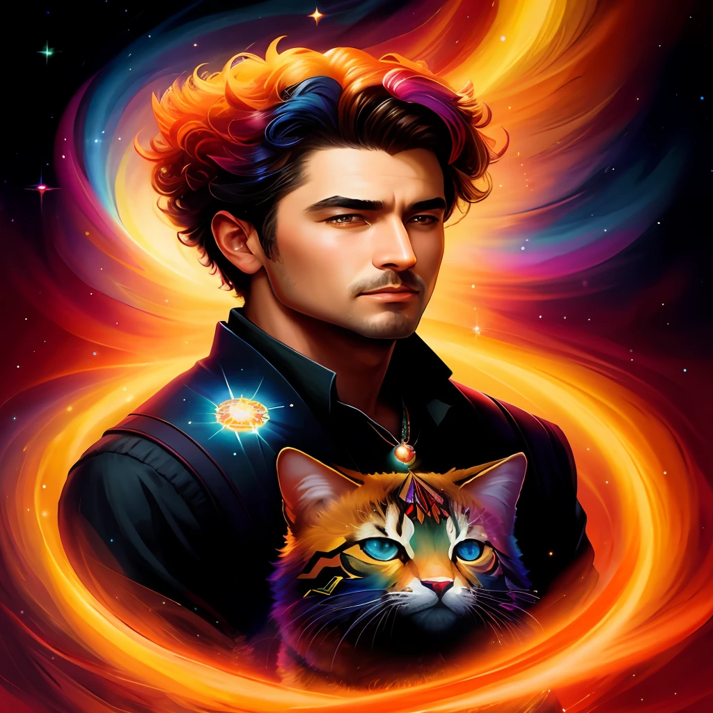 A painting of a handsome uncle with a colorful big head on a cosmic background, breathtaking rendering, inside a radiant connection, inspired by Kinuko Y. Craft,,Magical Elements,Wow, It's Beautiful,Casting Colorful Spells,Bright Flash,Flash