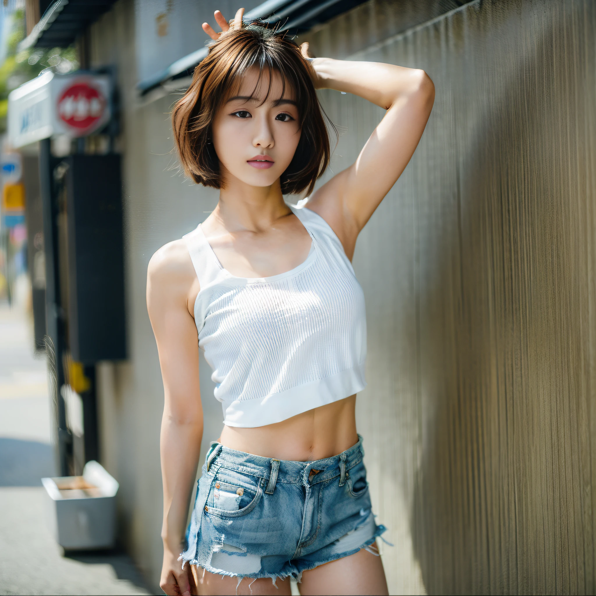 Arafe woman in white tank top and denim shorts posing for photo, slim girl model photo, physical: Tinyest Midliff Ever, female model, Japan female fashion model, Sakura Miyawaki, LE SSERAFIM, standing, looking up,