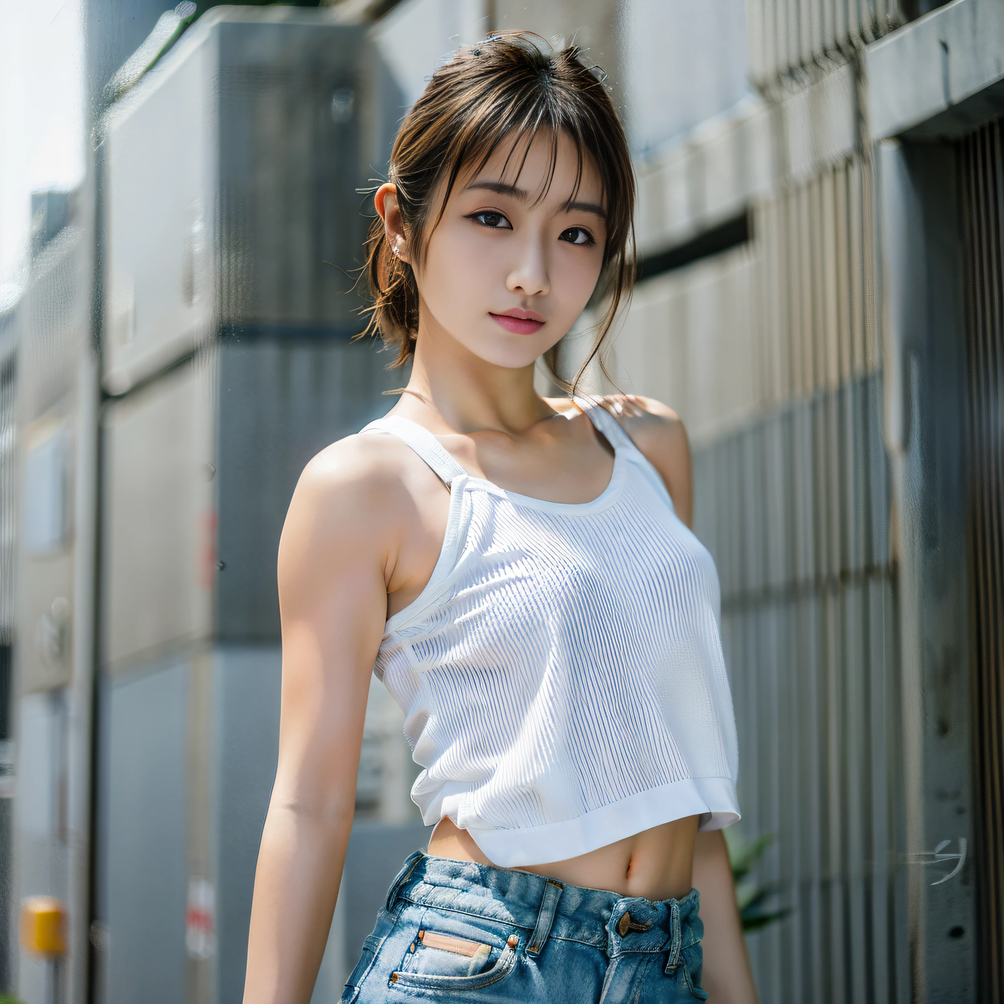 Arafe woman in white tank top and denim shorts posing for photo, slim girl model photo, physical: Tinyest Midliff Ever, female model, Japan female fashion model, Sakura Miyawaki, LE SSERAFIM, standing, looking up,