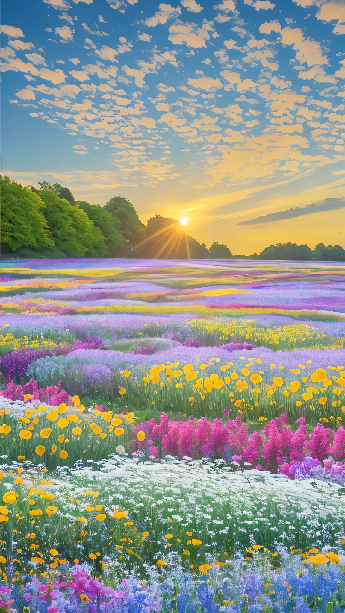 a field of flowers with a sunset in the background, field of fantasy flowers, field of flowers, fields of flowers, flower field, field of flowers background, an aesthetic field of flowers, field of wild flowers, flower fields, field of mixed flowers, with flower fields as foreground, flowerfield, meadow with flowers, in a field of flowers, extraordinary colorful landscape