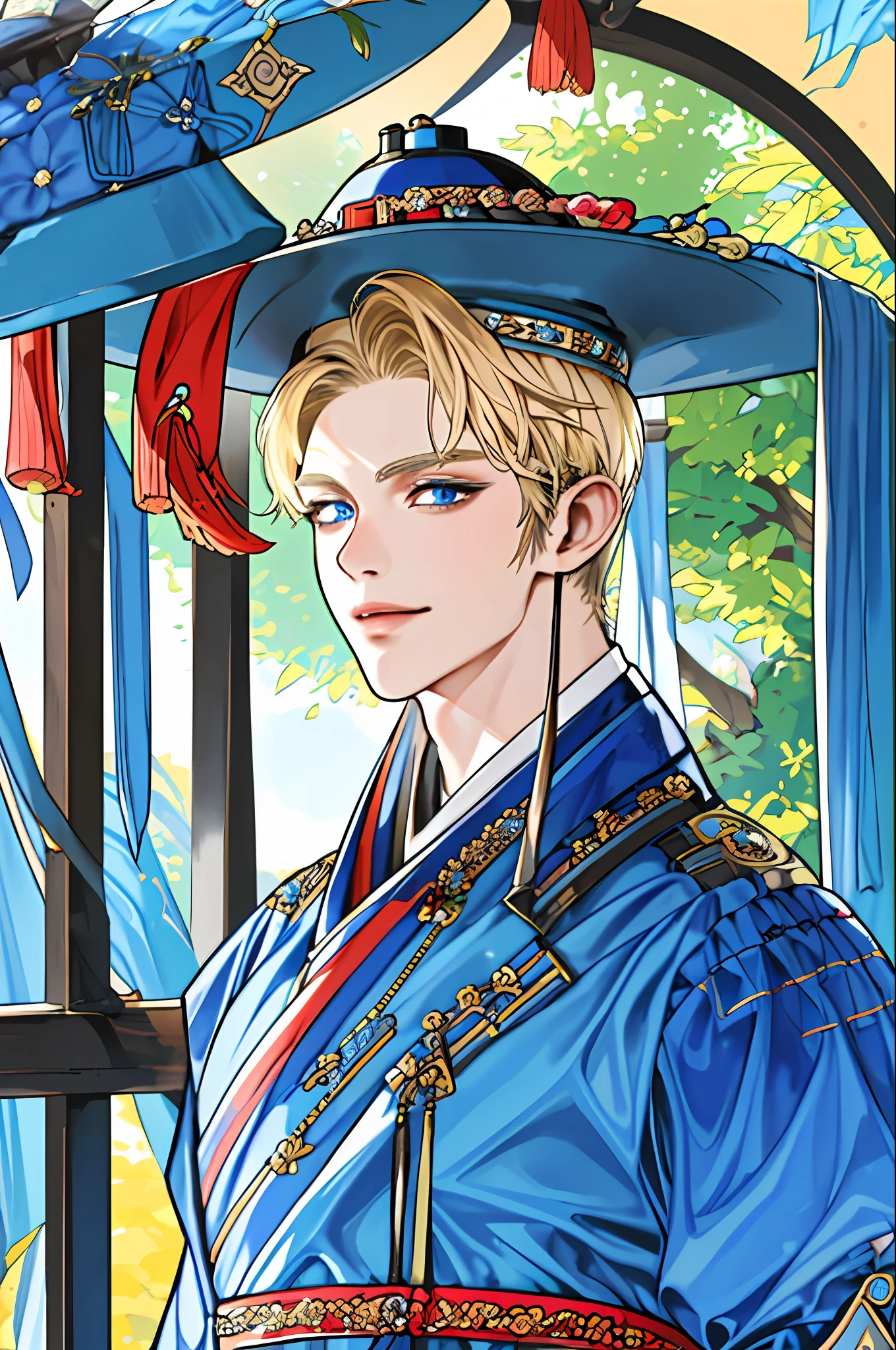 (8k, highest quality, masterpiece:1.2), ultra detail, ultra high resolution, portrait, high detail, professional photo, super colorful photo, extremely handsome and masculine, extremely detailed, 8k wallpaper, amazing and detailed detail, huge file size, official art, highly detailed CG unity 8k wallpaper, 1 male, very detailed handsome boy, very detailed face, very detailed eyes, blue eyes, very detailed skin, very detailed nose, very detailed mouth, perfect anatomy, arm back, smile, oriental style, blonde hair, short hair,(((hanbok))), detailed clothes, short neck, very short arms, camera upwards, a slightly turned position, upper body portrait photo, {handsome 19 year old boy}, hands down, Upper body close-up, 5fingers per hand, no overlapped hands, no extra hands, no more than 1hand, colorful background, 1male, (((hat))), (((hanbok))), (((korean clothes))), upper body,inside palace, blue eyes, smirk, short hair, blonde hair
