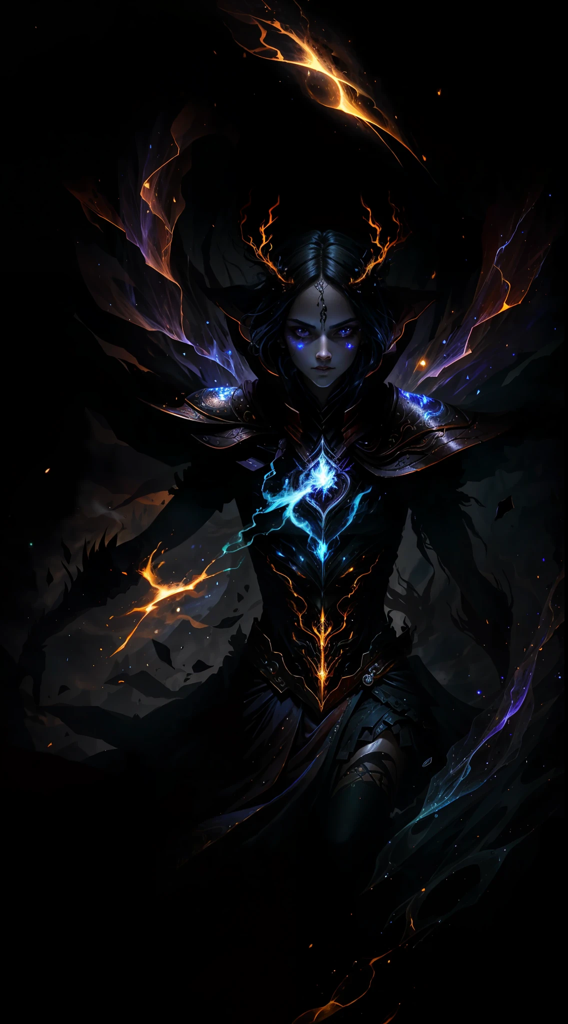 A demon witch casting fire spells, beautiful, very detailed, surreal, cinematic lighting, dark, space background, soft cinematic lighting, (backlight: 1.2), (flare: 1.2), (flash: 1.1), (chromatic aberration: 1.2), clear focus, high contrast, V0id3nergy magic aura, V0id3 energy battle mage, V0id3 nergy cute hollow