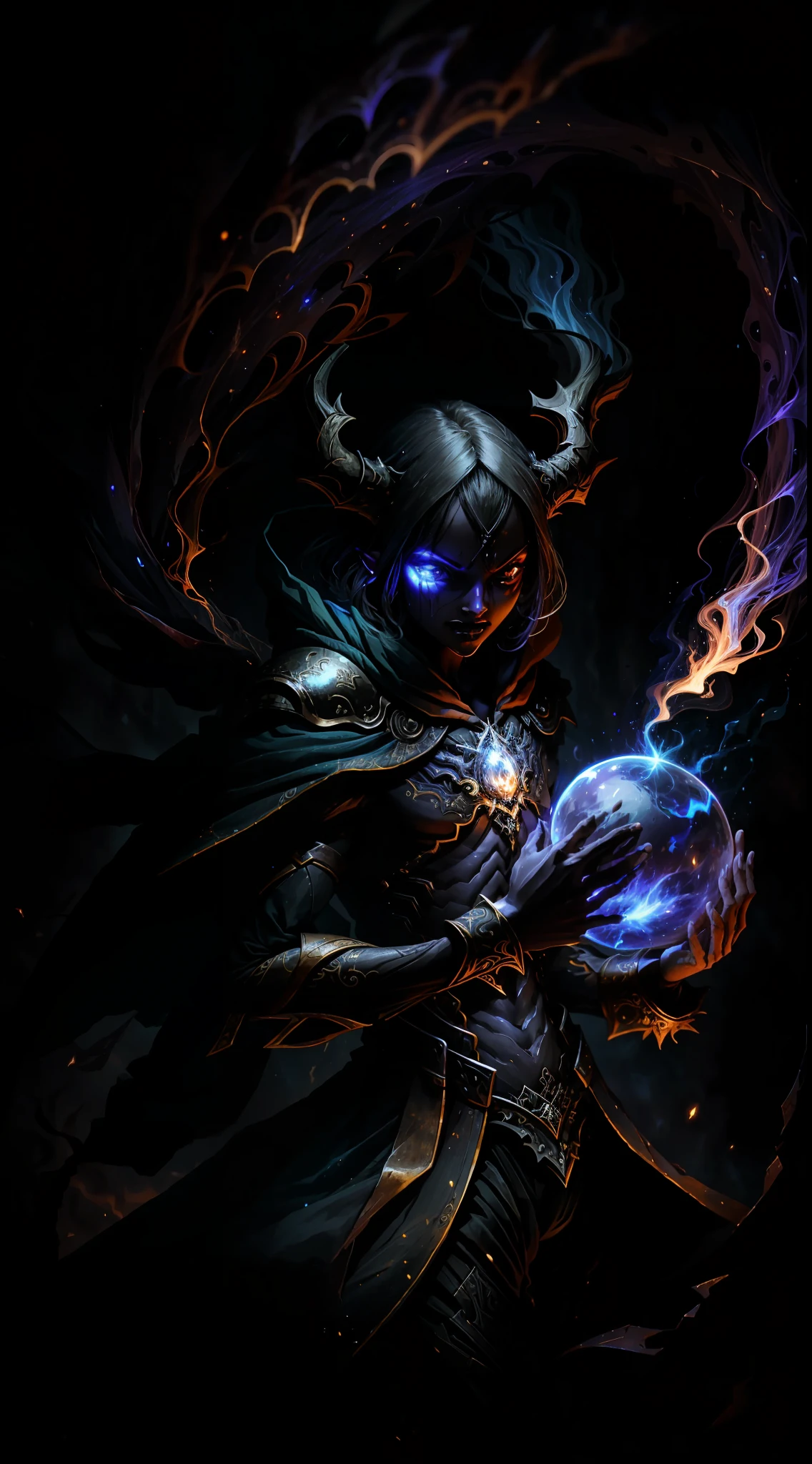 A demon witch casting fire spells, beautiful, very detailed, surreal, cinematic lighting, dark, space background, soft cinematic lighting, (backlight: 1.2), (flare: 1.2), (flash: 1.1), (chromatic aberration: 1.2), clear focus, high contrast, V0id3nergy magic aura, V0id3 energy battle mage, V0id3 nergy cute hollow