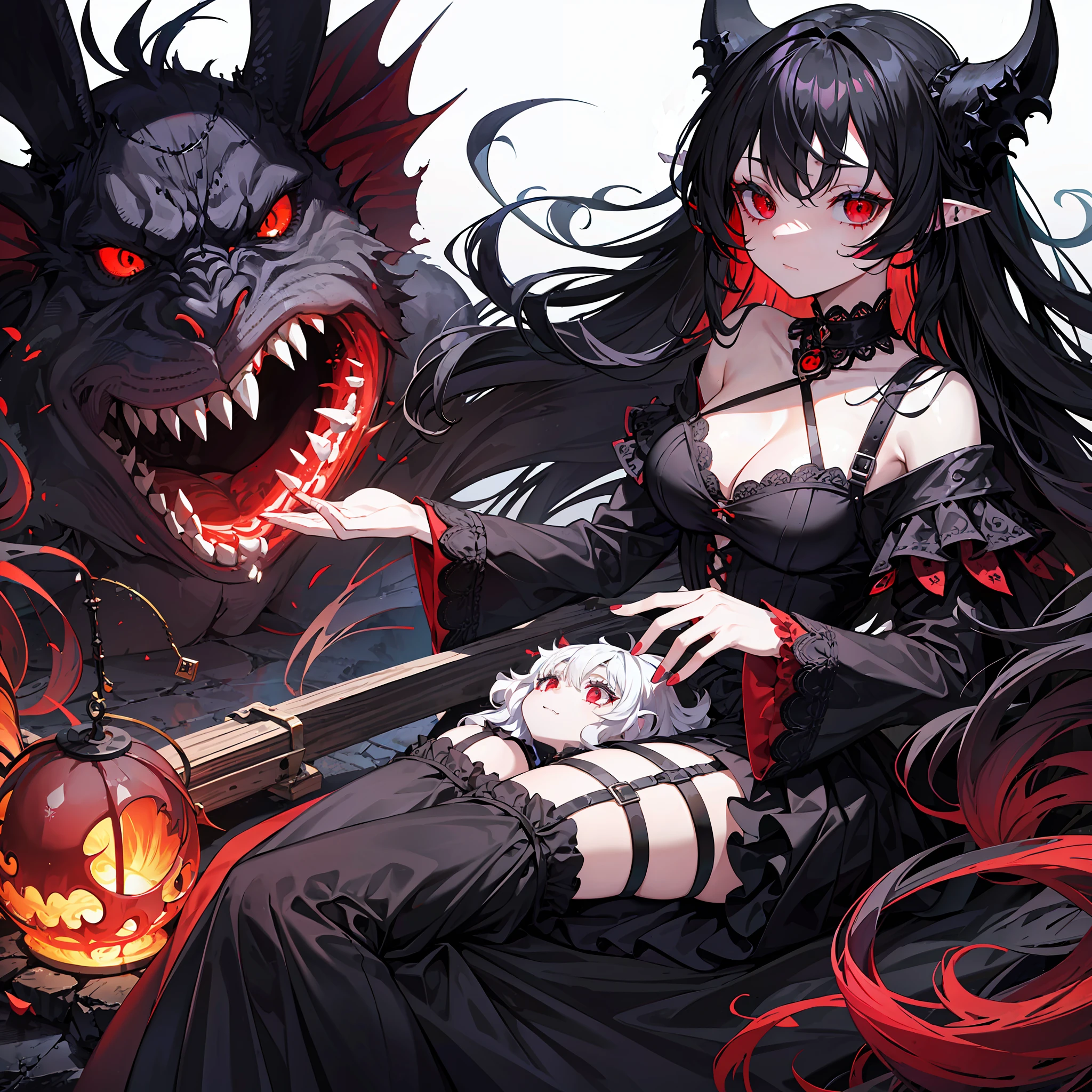 best quality, absurdity, 1girl, solo, monster girl, wavy hair, intricated hair, beautiful hair, highres hair, gothic dress, scar, monster face, adorable, black hair, red eye