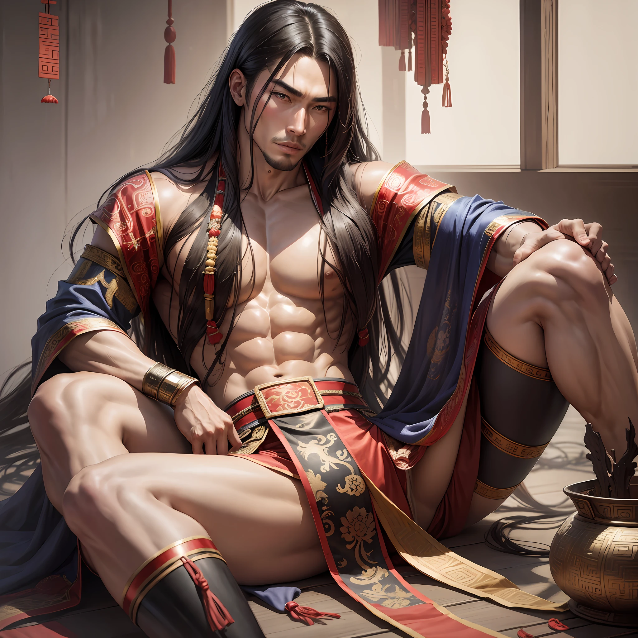Realistic,Hot muscular Male concubine in the Han dynasty sitting with legs spread apart, wearing ancient revealing Chinese dress with long hair and masculine features.Battle scars,very sexy