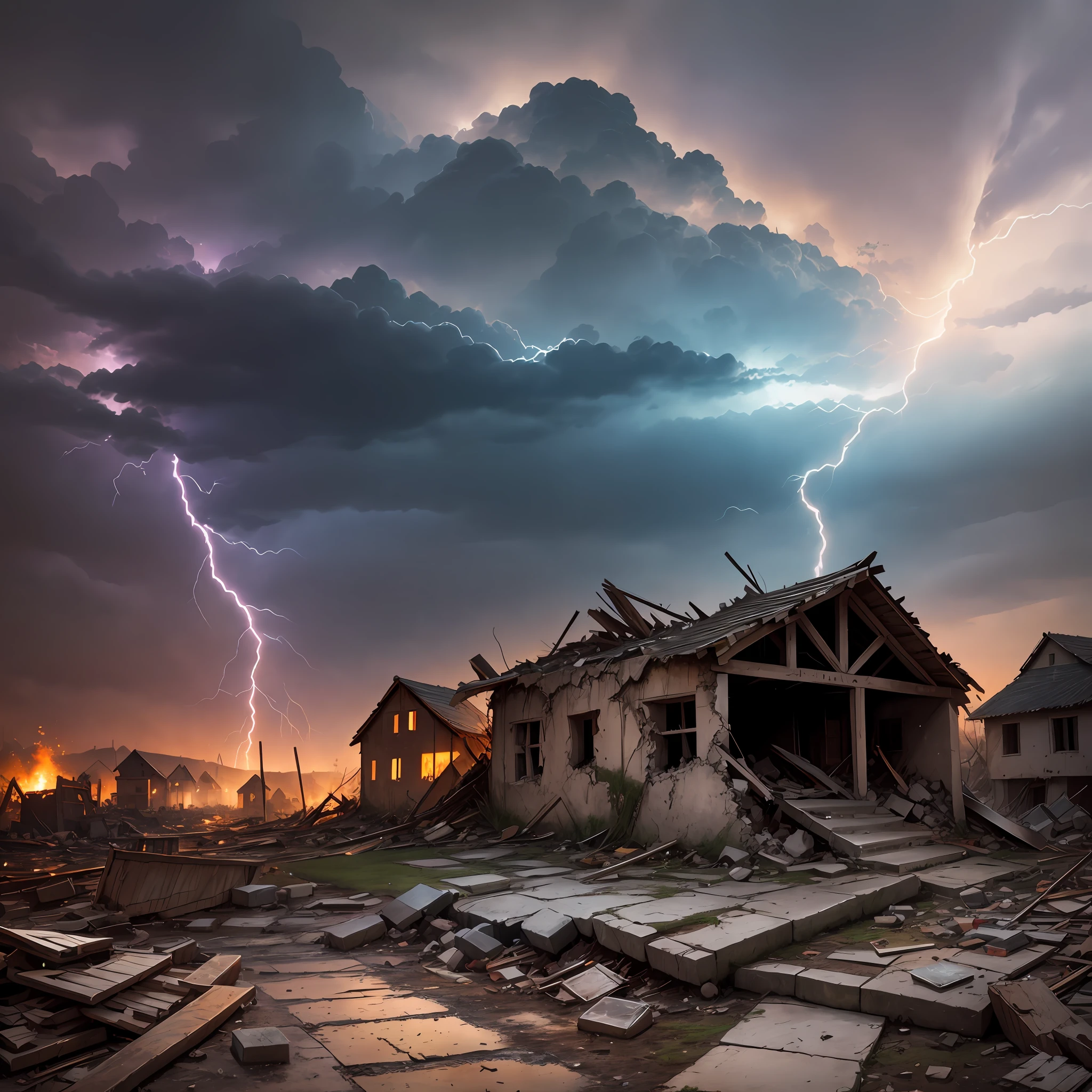 Village in ruins, catching fire, rubble, scene of destruction, Dusk, Upper-Atmospheric Lightning, Rain, inside a house