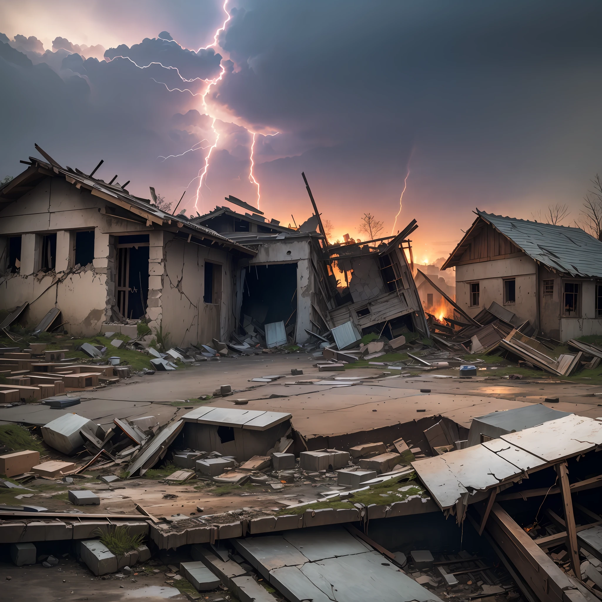 Village in ruins, catching fire, rubble, scene of destruction, Dusk, Upper-Atmospheric Lightning, Rain, inside a house
