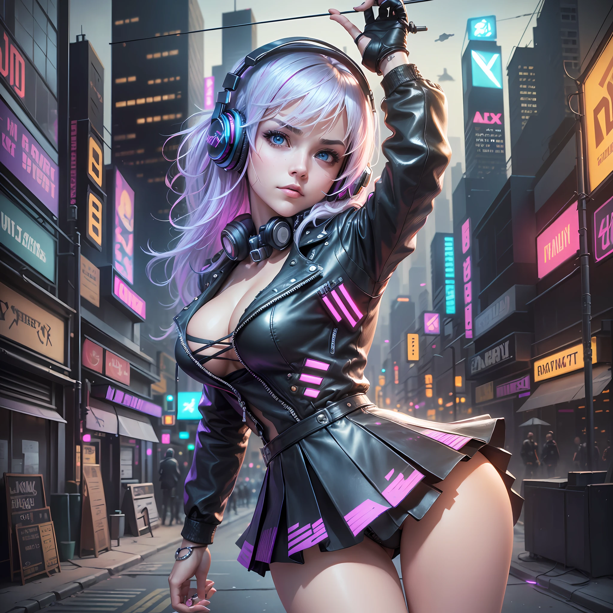 Best Quality, Realistic, Realistic, Award-Winning Illustration, (Complicated Detail: 1.2), (Fine Detail), (Complicated Detail), (Cinematic Lights, Best Quality Backlight), Crisp Lines, Crisp focus, official art, unity 8k wallpaper, absurd, unbelievably absurd, huge file size, ultra- (in_main_street:1.21), (neon lamp), fantasy art, rtx,((triangle closeup photo by award winning studio )), 1girl, very pretty, (shut up), small boobs, ((Cyberpunk city Street, Battle Maiden, Katana, robot arm)), beautiful detailed eyes, Perfect Face, (Cyberpunk blouse, leather jacket, Martin boots) ,(headphones_around_neck),(headphones_around_hair),((pleated skirt) ), ((supermodel pose)), --auto --s2