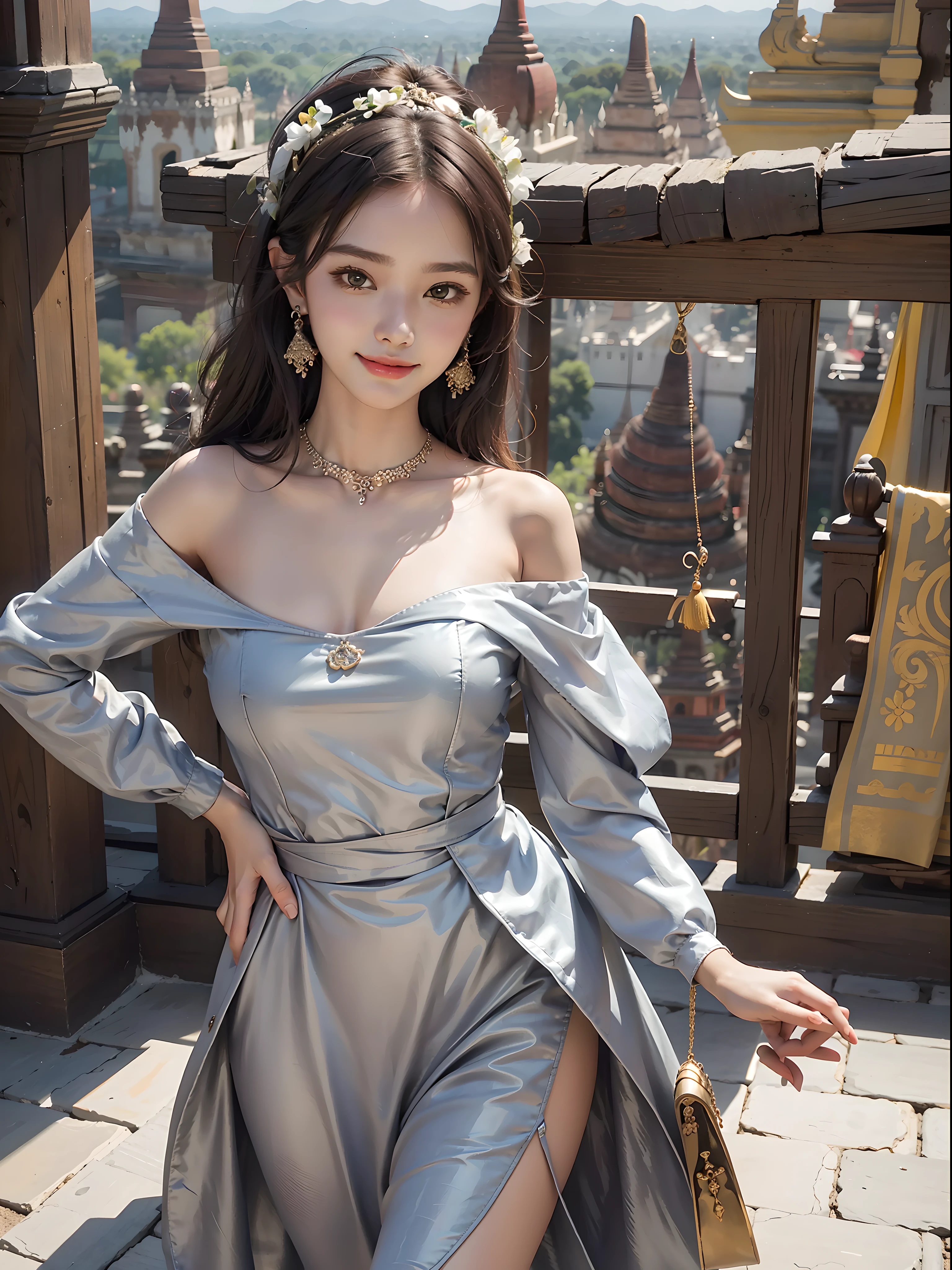 1girl, offshoulder, smile, cute, waist up
best quality, masterpiece, (photorealistic:1.4), pagodas background, Bagan, Myanmar