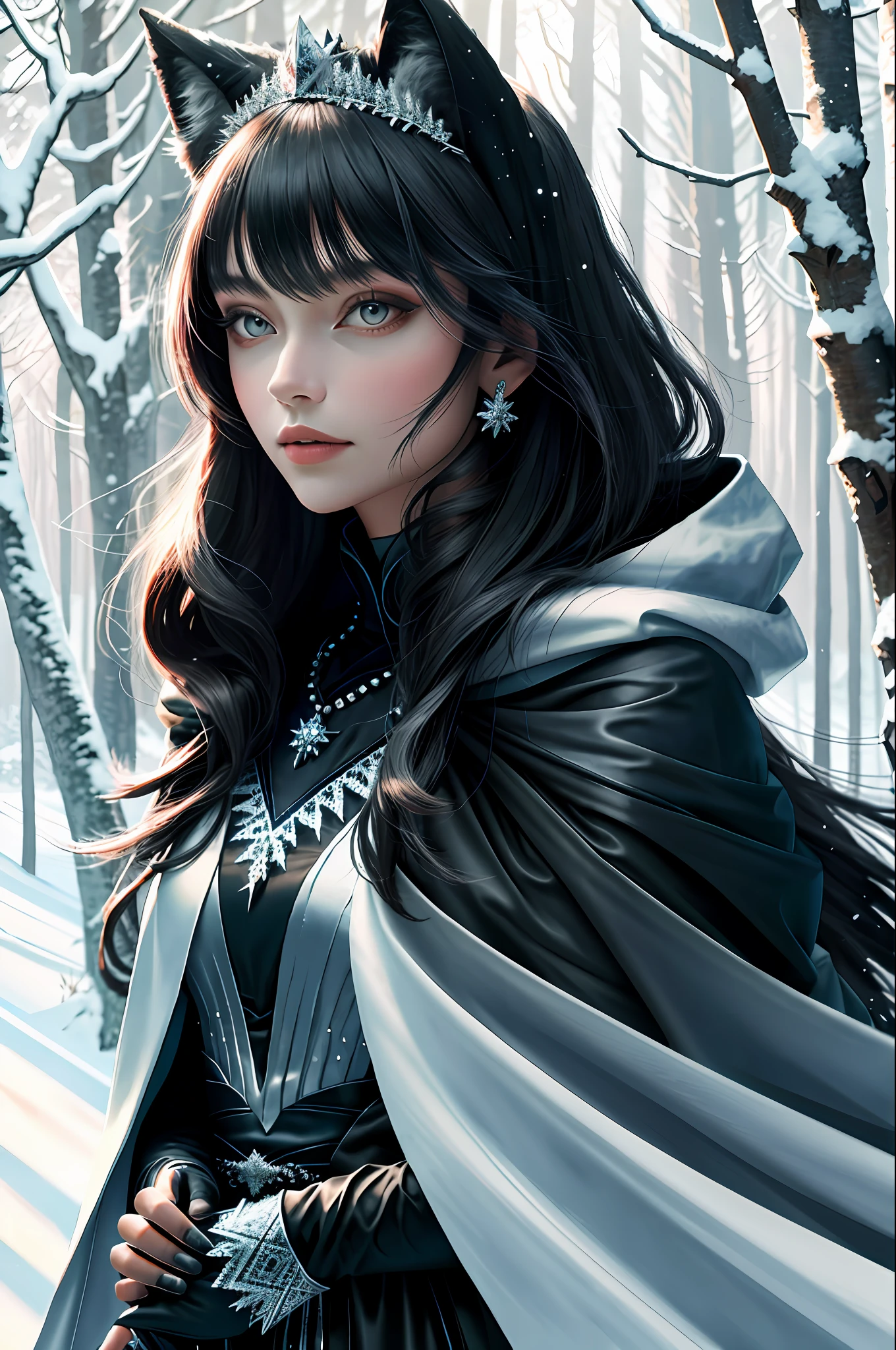 Close-up Princess wearing winter dress and cloak in a frozen forest with her black wolf