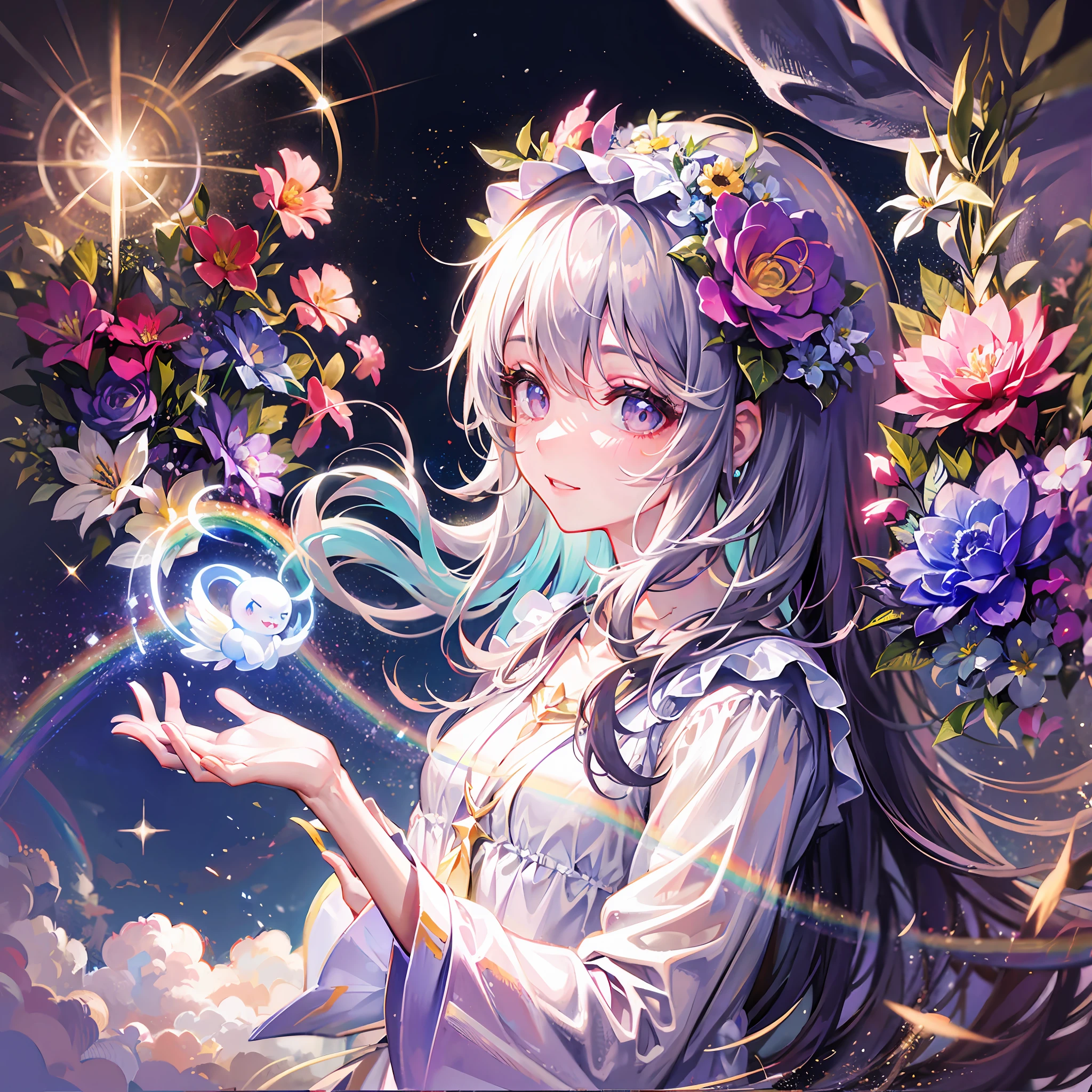 baby, angel, glitter, smile, light, halo, above the clouds, rainbow, flower, magic in hand --auto --s2