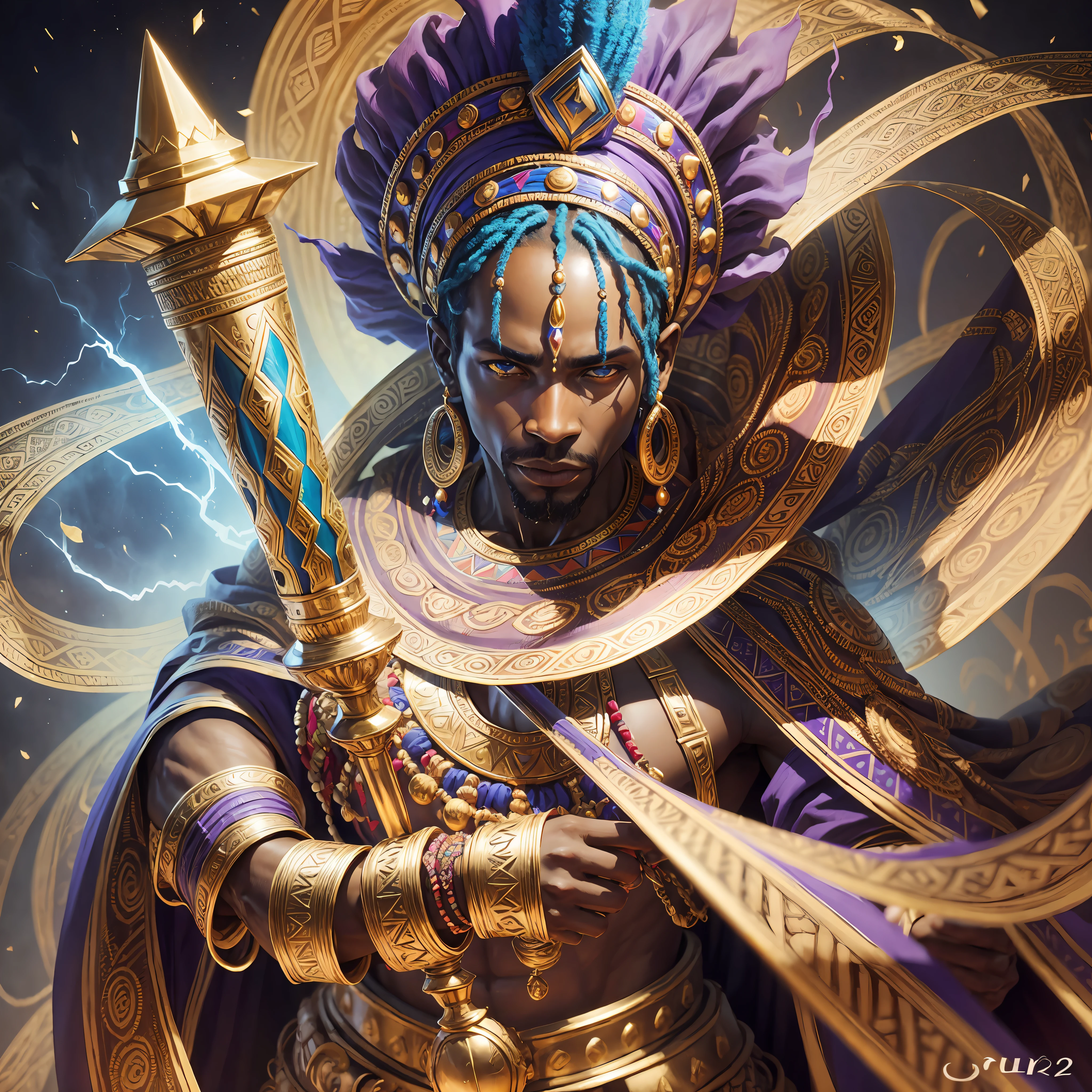 magician, African, ultra realistic, with details of African culture, colorful clothes, scepter with the same theme, energy around, UHD, super defined details --auto --s2