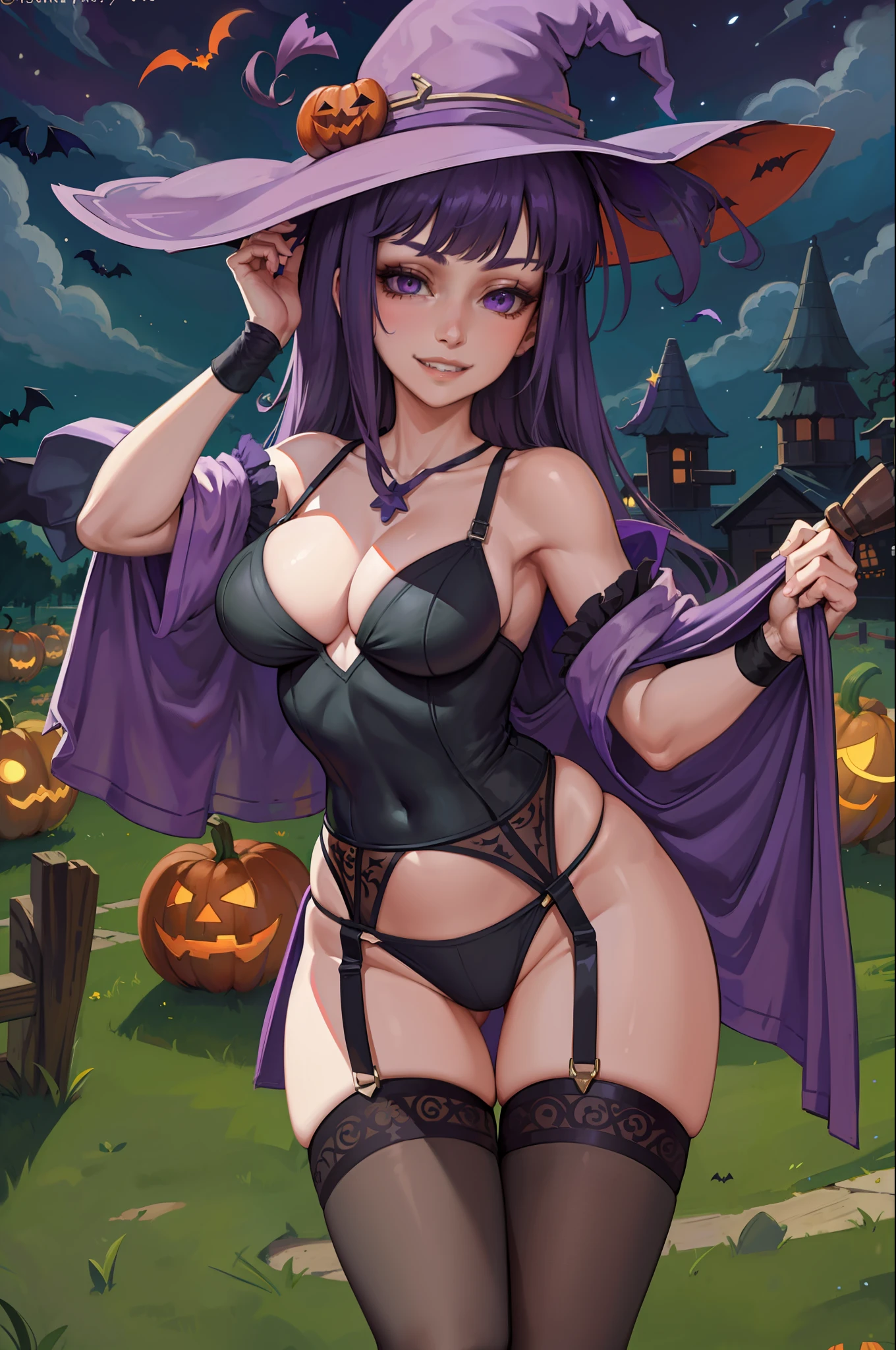 (masterpiece, best quality:1.2), cowboy shot, solo, 1girl, lila, smile, looking at viewer, arm up, ahoge, witch hat, halloween costume, purple wizard robe, thighhighs, garter belt, outdoors, night, jack-o'-lantern, bats
