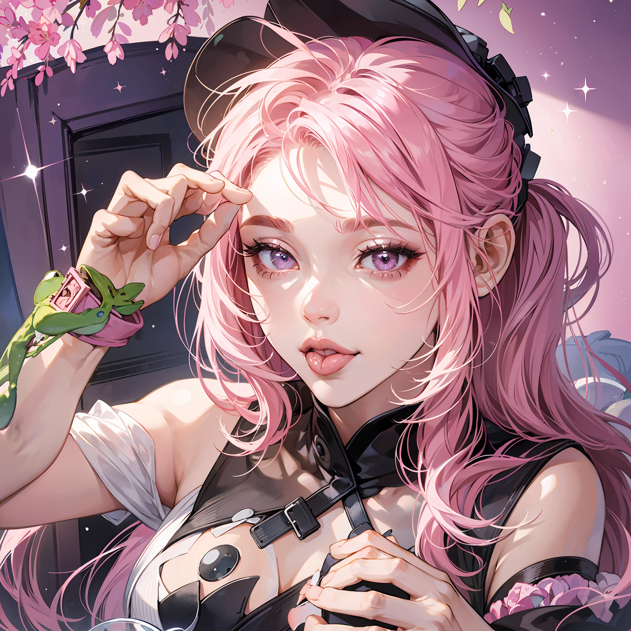 1 girl, pink hair, tongue out, long tongue, frog tongue, mature girl, ((dark eyes)), ((full lips)), pink tail, (high detailed), beautiful, amazing, high detailed eyes, high detailed face, perfect hands, masterpiece, best quality, looking at viewer, detailed eyes --auto --s2