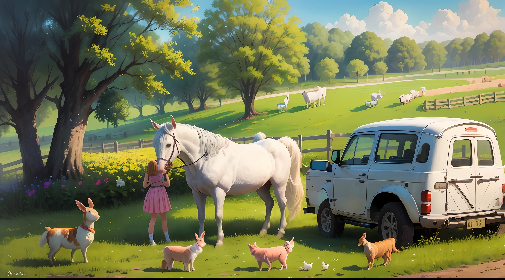 Summer Adventures
White horse, 10 year old girl, Dona Maria, Farm animals, Piggy, Duck, Rabbit, Dog, Painted Cat,farm, drawing,colorful