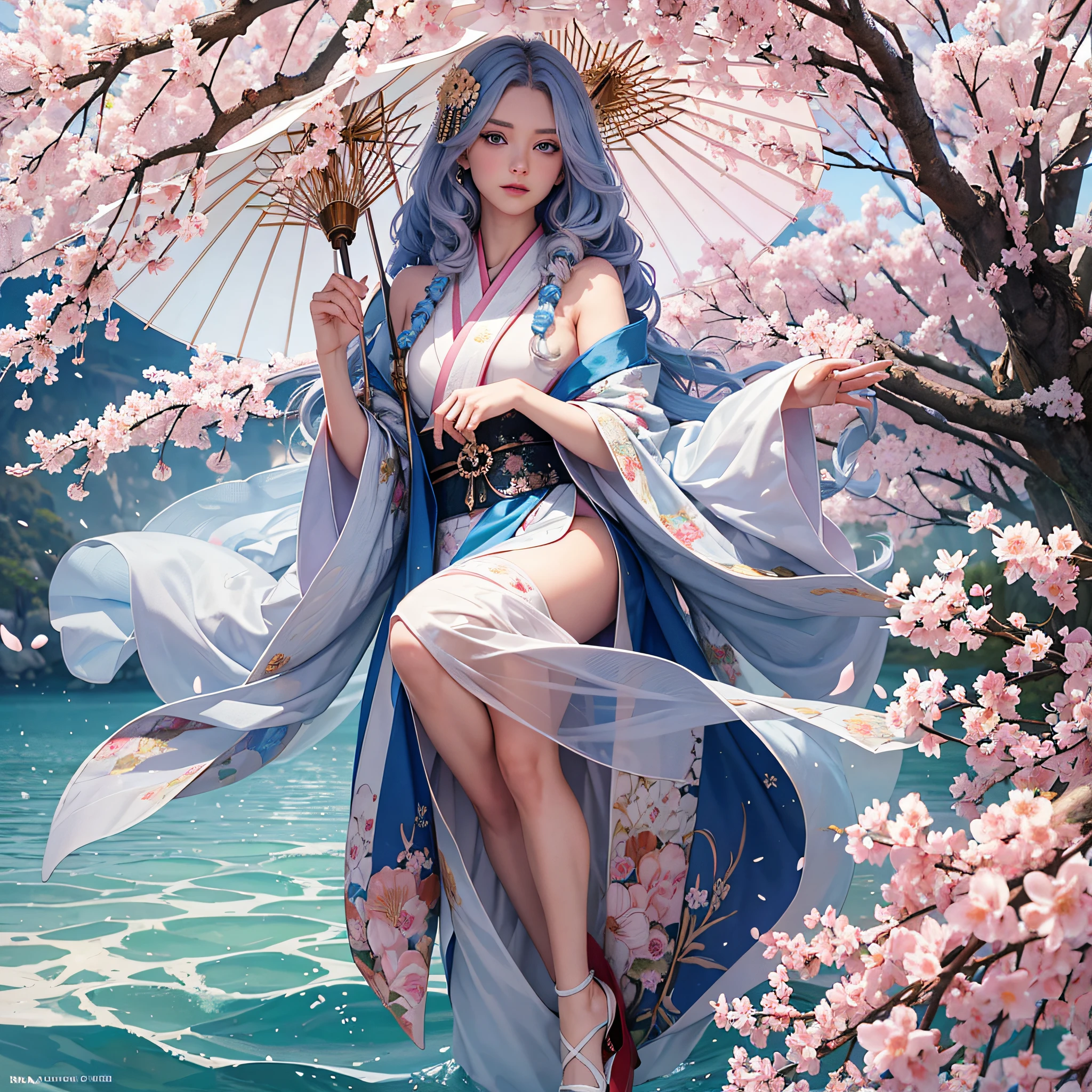 (full shot | full body),a beautiful Russian girl with large bright blue eyes of the Nordic type with a perfect graceful figure and very long and fluffy wavy hair of wheat color stands against the background of blooming Japanese pink cherry blossoms in a Japanese kimono and Japanese shoes, the girl's kimono is transparent, a small breast with protruding shines through it, the girl has a white umbrella from the sun in her hands, the scene is highly artistic, High Detail, Clear Focus, Migjorni V5 Style, Hyper Photorealism, Perfect Proportions, Golden Ratio, Leonardo Davinci Artist Style, Photographer Jerry Gionis Style, Back Light, Outline, Sun Rays, Front Light Fill Soft, Soft Focus, Photo Monocle Style.  
Негативные подсказки --auto --s2