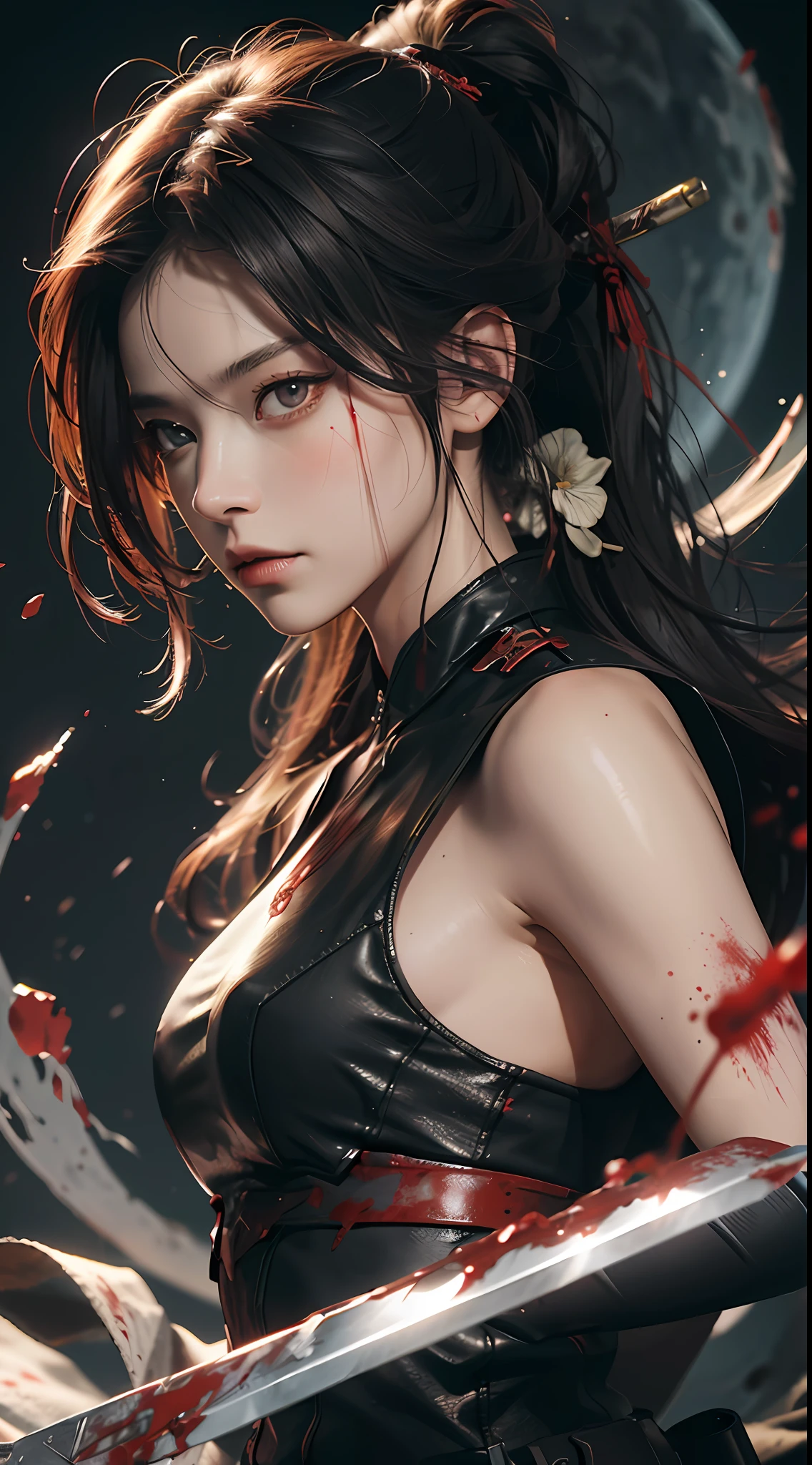 Masterpiece, Superb 8k wallpaper, a woman holding a katana, surreal, blood, resolute eyes, knife light, halo, in a sea of blood, the background is the battlefield