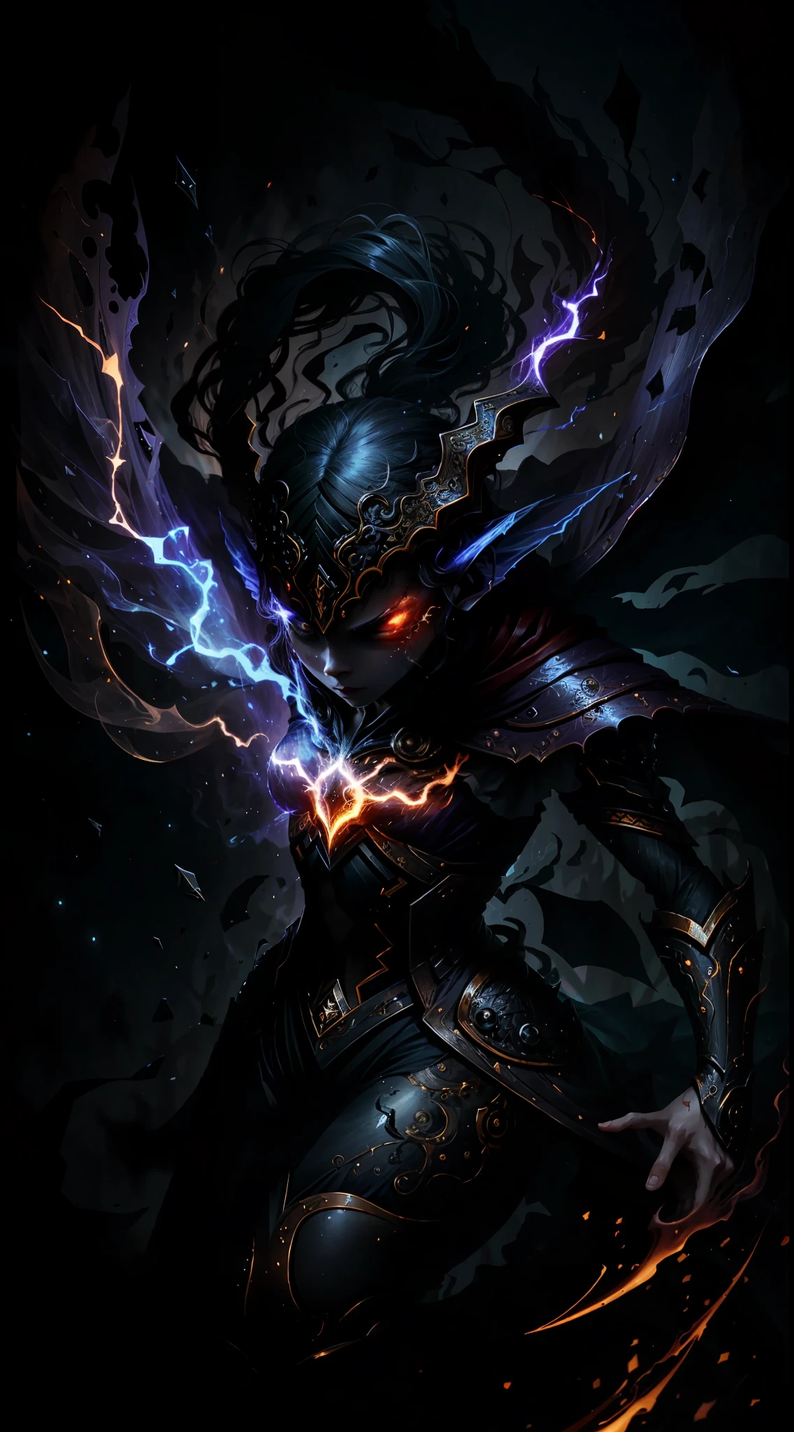 A demon witch casting fire spells, beautiful, very detailed, surreal, cinematic lighting, dark, space background, soft cinematic lighting, (backlight: 1.2), (flare: 1.2), (flash: 1.1), (chromatic aberration: 1.2), clear focus, high contrast, V0id3nergy magic aura, V0id3 energy battle mage, V0id3 nergy cute hollow