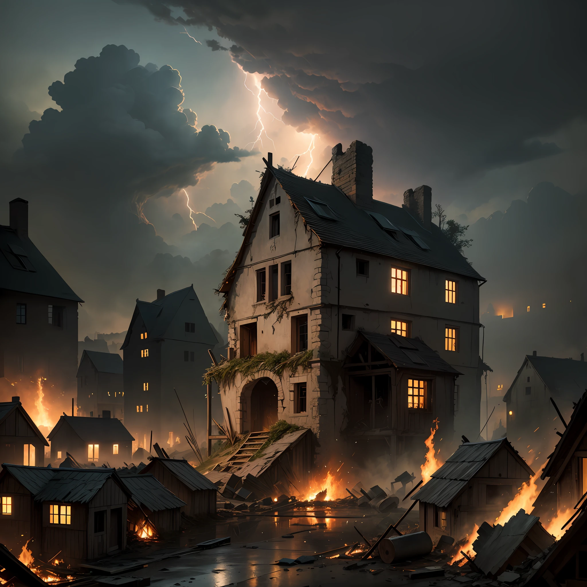 Village in ruins, catching fire, rubble, scene of destruction, Dusk, Upper-Atmospheric Lightning, Rain, inside a house, medieval village