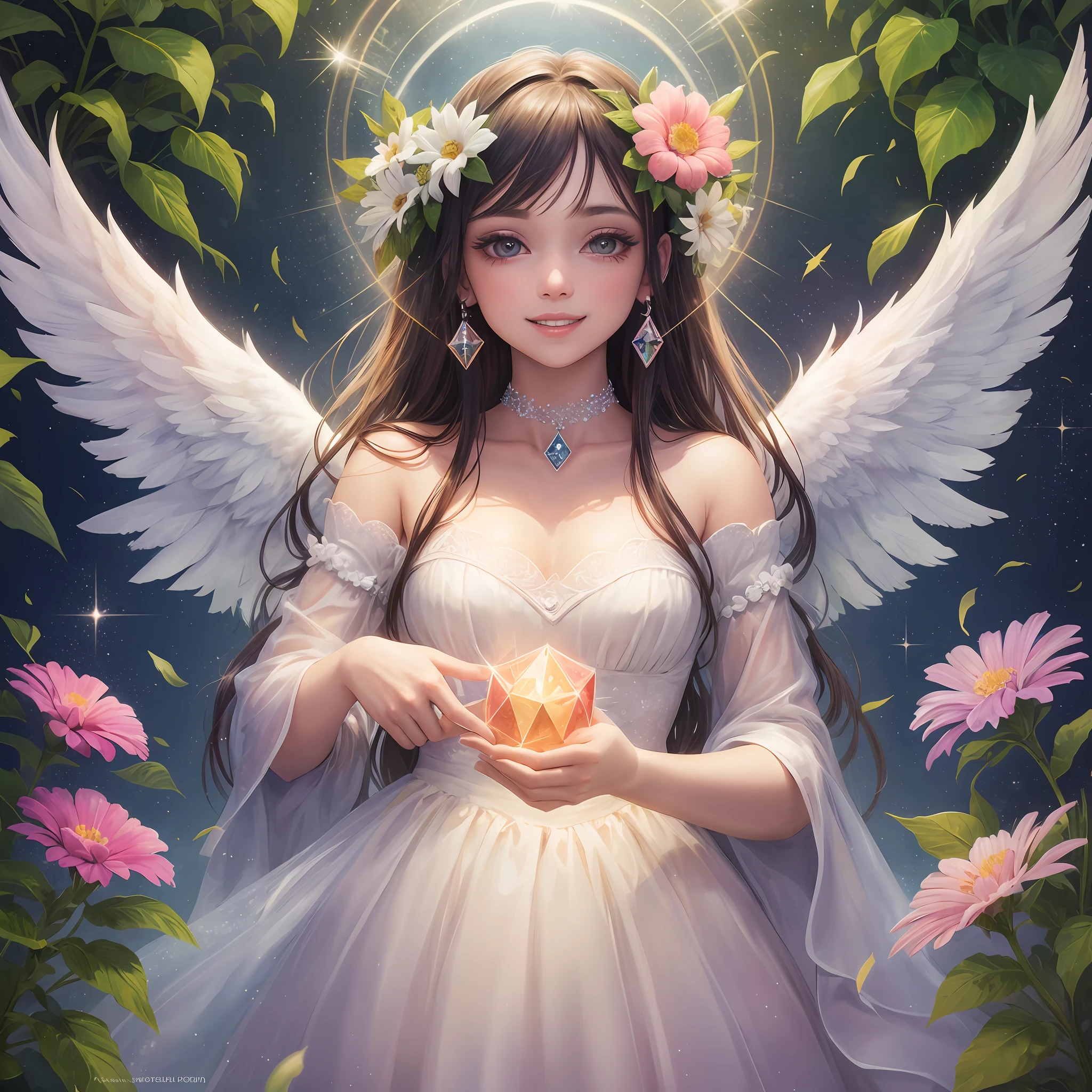baby, angel, glitter, cheerful smile, rainbow, light, flower garden, halo -, holding crystal in hand -auto --s2