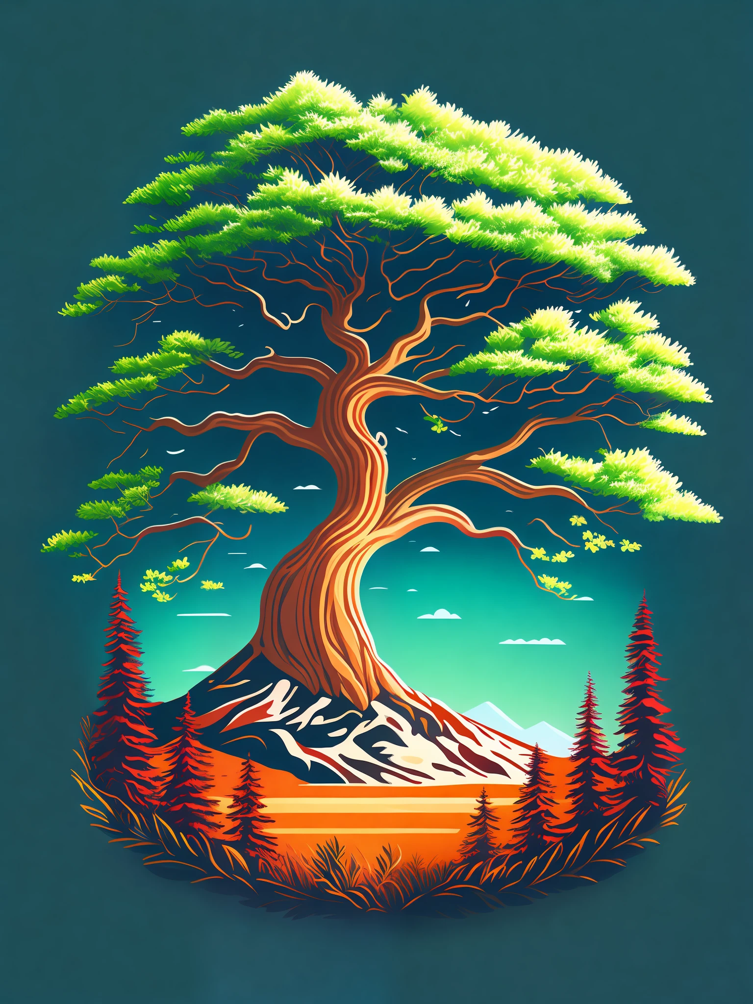 A cedar in spring, T-shirt design, rzminjourney, vector art