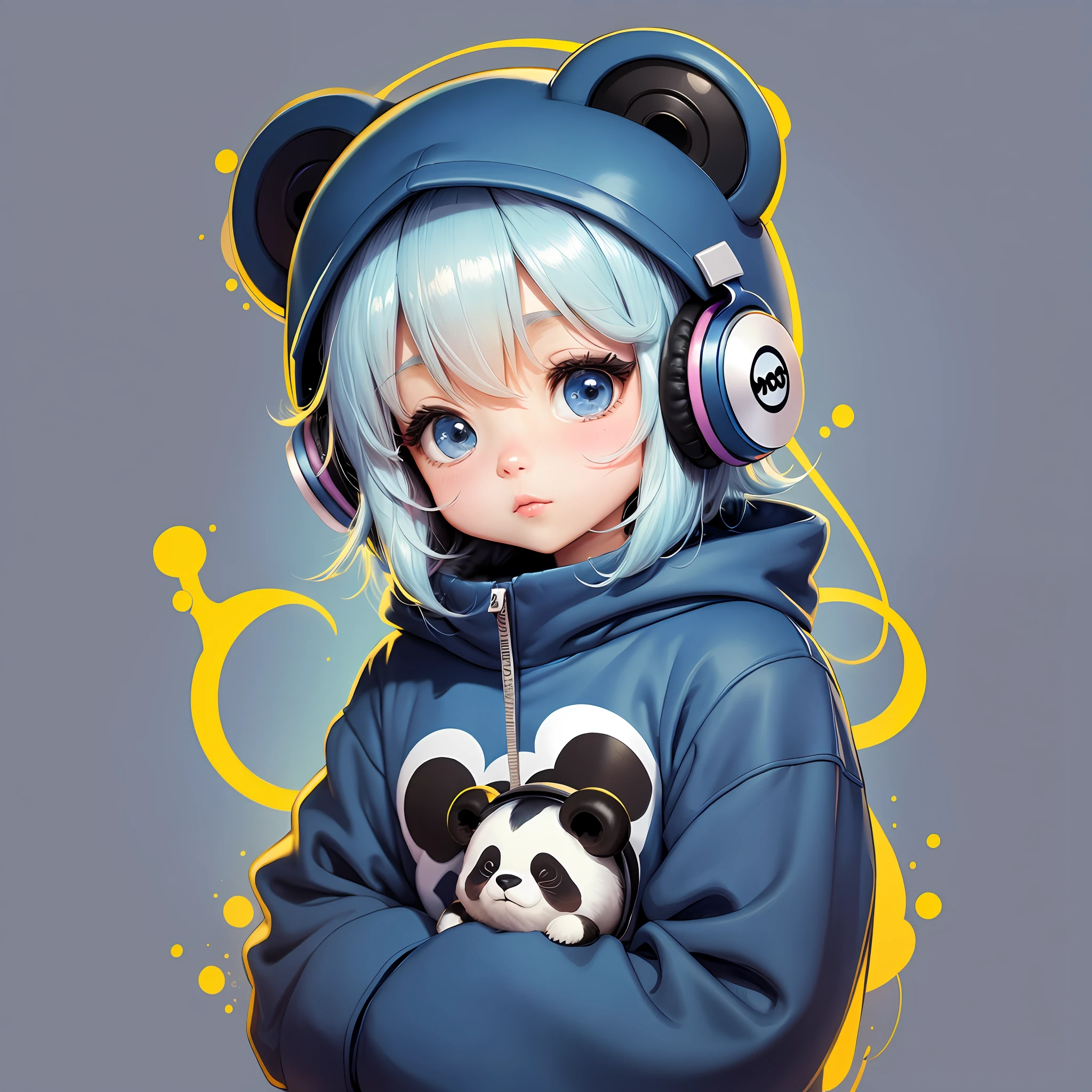 panda wearing blue sweatshirt and headphone1 chibi style, cartoon,  (cozy art), pastel colors, black outline, high quality, highly detailed, yellow, blue
