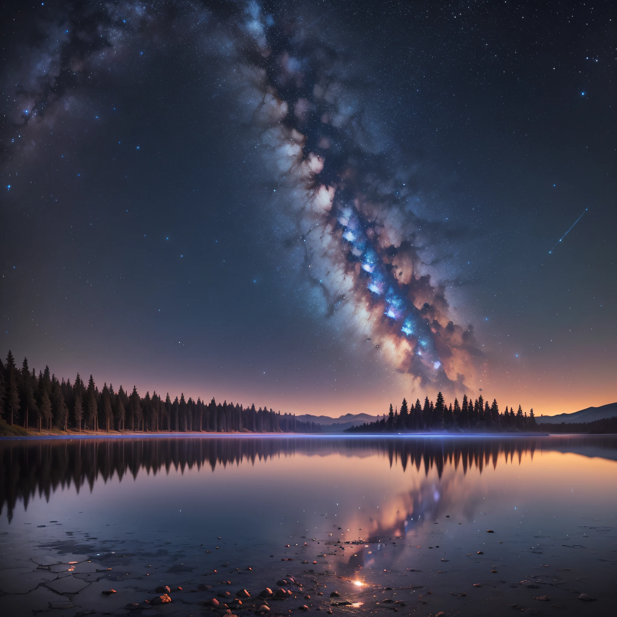 Experience the serenity and tranquility of a picturesque scene where the Milky Way galaxy stretches across the night sky, casting its ethereal glow upon a serene landscape. The calm lake mirrors the celestial beauty above, capturing the dance of starlight in its reflection. Sublime colors and an ethereal atmosphere create a peaceful ambiance in this high-resolution image, inspired by the works of astrophotographer Yuri Beletsky and landscape painter Thomas Moran. With perfect color balance, precise details, and natural lighting, it offers an immersive composition that evokes awe and captivates the viewer. --auto --s2
