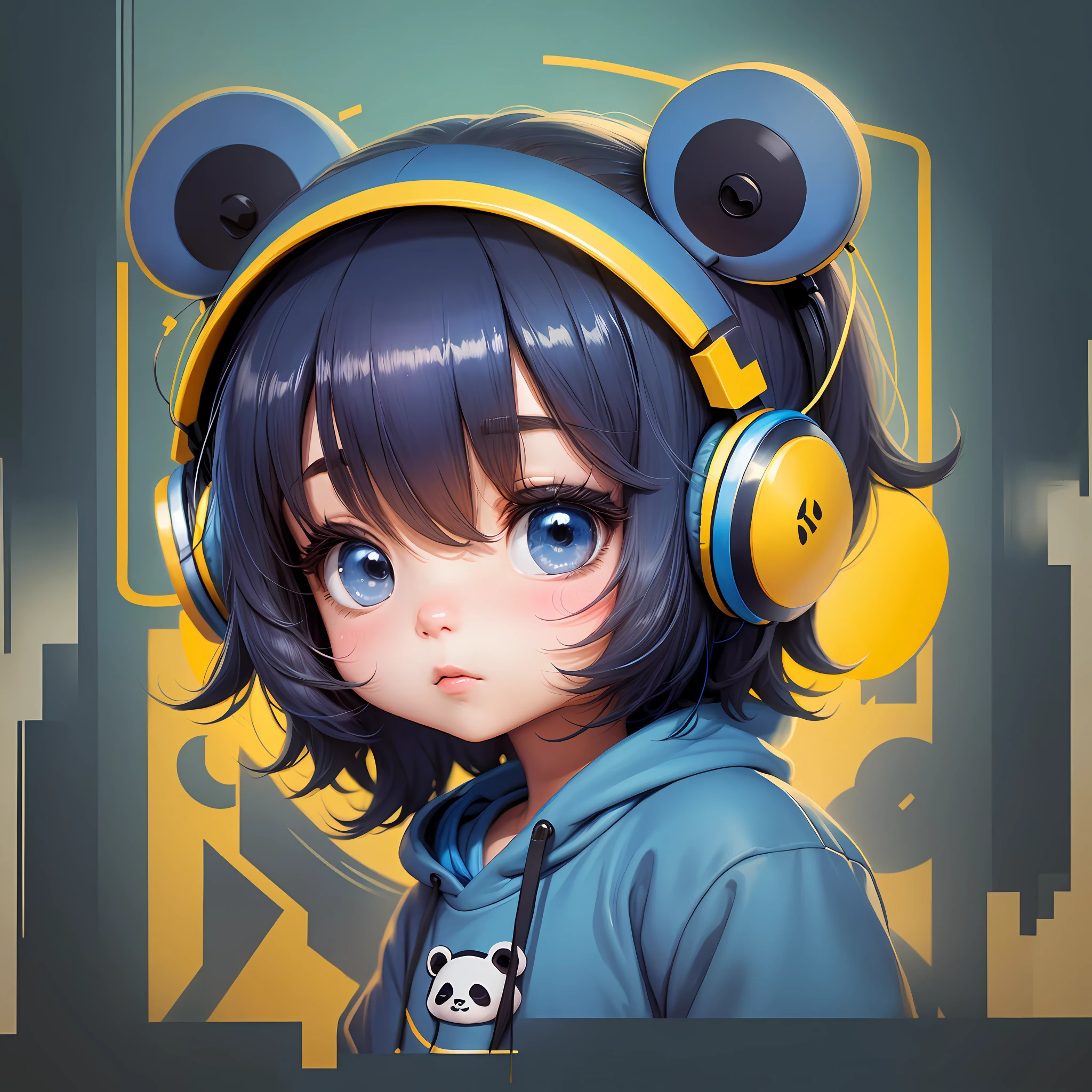 panda wearing blue sweatshirt and headphone1 chibi style, cartoon, (cozy art), pastel colors, black outline, high quality, highly detailed, yellow, blue