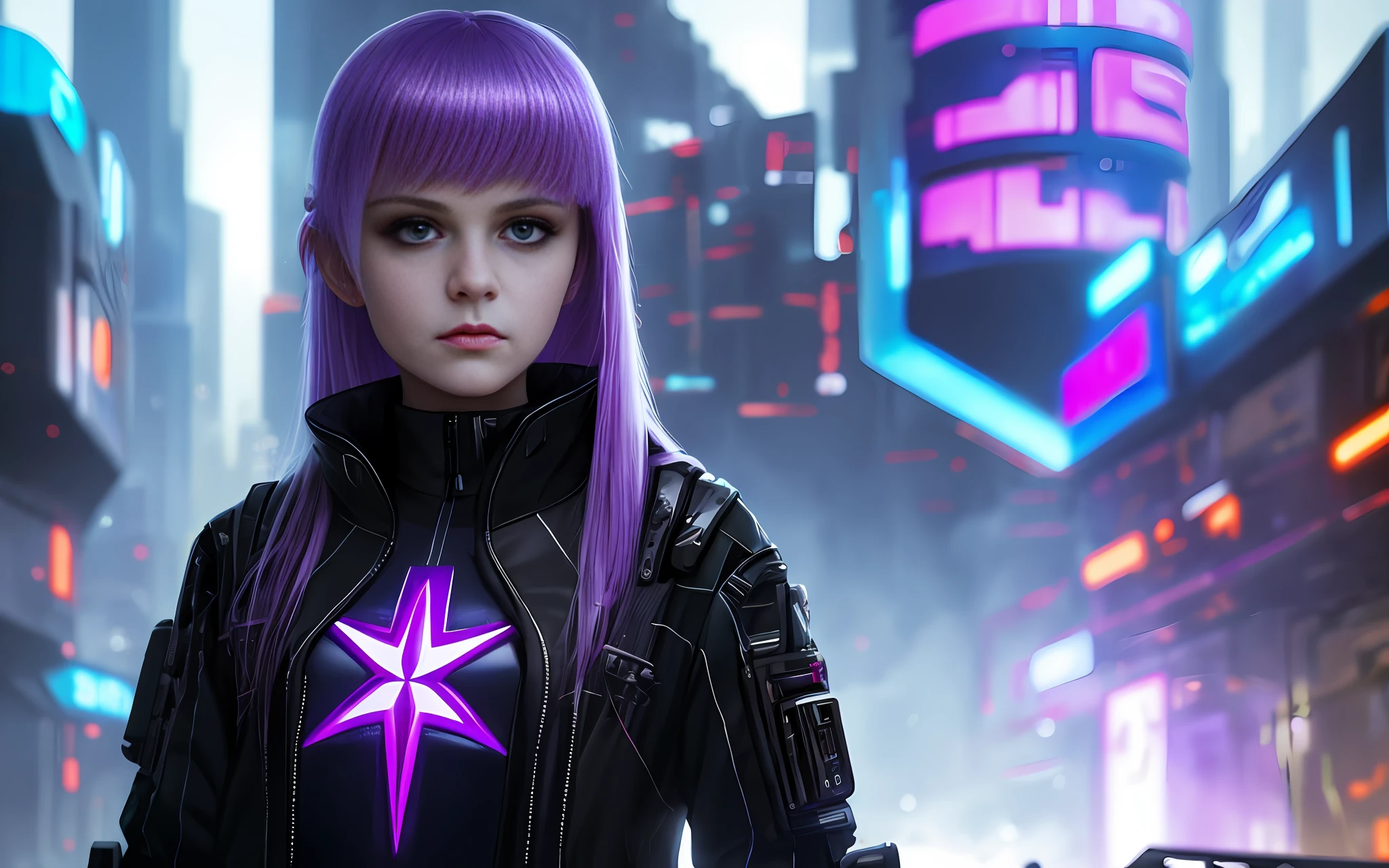 A girl in futuristic clothes with a futuristic face with a tail of purple hair, trades bitcoins and cryptocurrencies on the exchange, Anastasia Ovchinnikova, Marina Fedorovna, photo by Jessica Devic, Sofia Emelenko, Maria Panfilova, Alexandra Valishevskaya, Nadezhda Tikhomirova, Katinka Reinke, Angelina Stroganov, Svetlana Tigay, cyberpunk art style, cyberpunk themed art, cyberpunk art style, cyberpunk girl portrait, cyberpunk portrait, cyberpunk bright glow, advanced cyberpunk digital art, cyberpunk style, cyberpunk style color, hyper-realistic cyberpunk style, female cyberpunk, cyberpunk character art, dreamy cyberpunk girl, cyberpunk atmosphere, cyberpunk atmosphere, cyberpunk vibes, high detail, cinematic composition