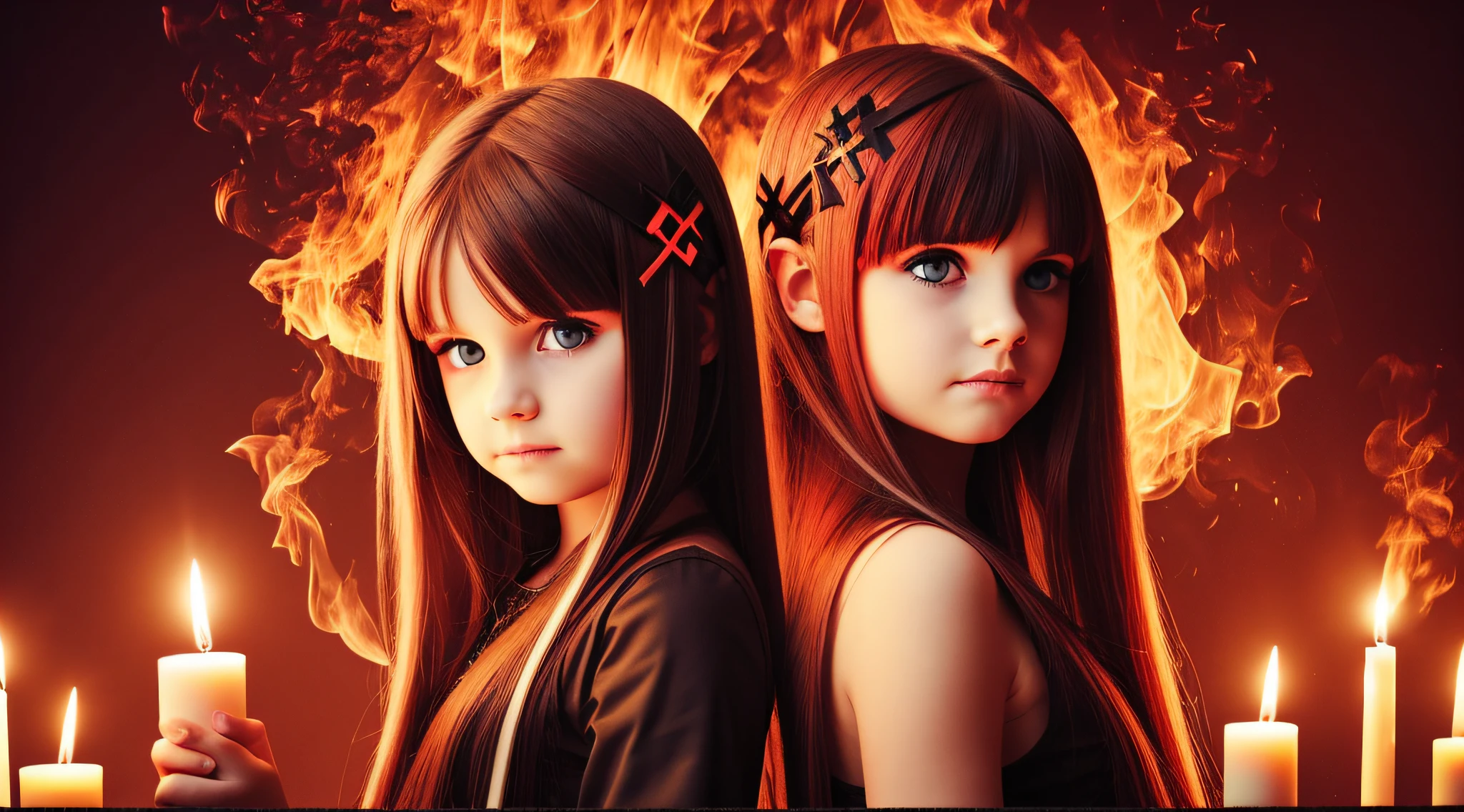 GIRLS CHILDREN, BACKGROUND WITH CROSSES, BLONDES WITH VERY LONG STRAIGHT HAIR GOTHS, WITH FIRE CANDLES. RED BACKGROUND.