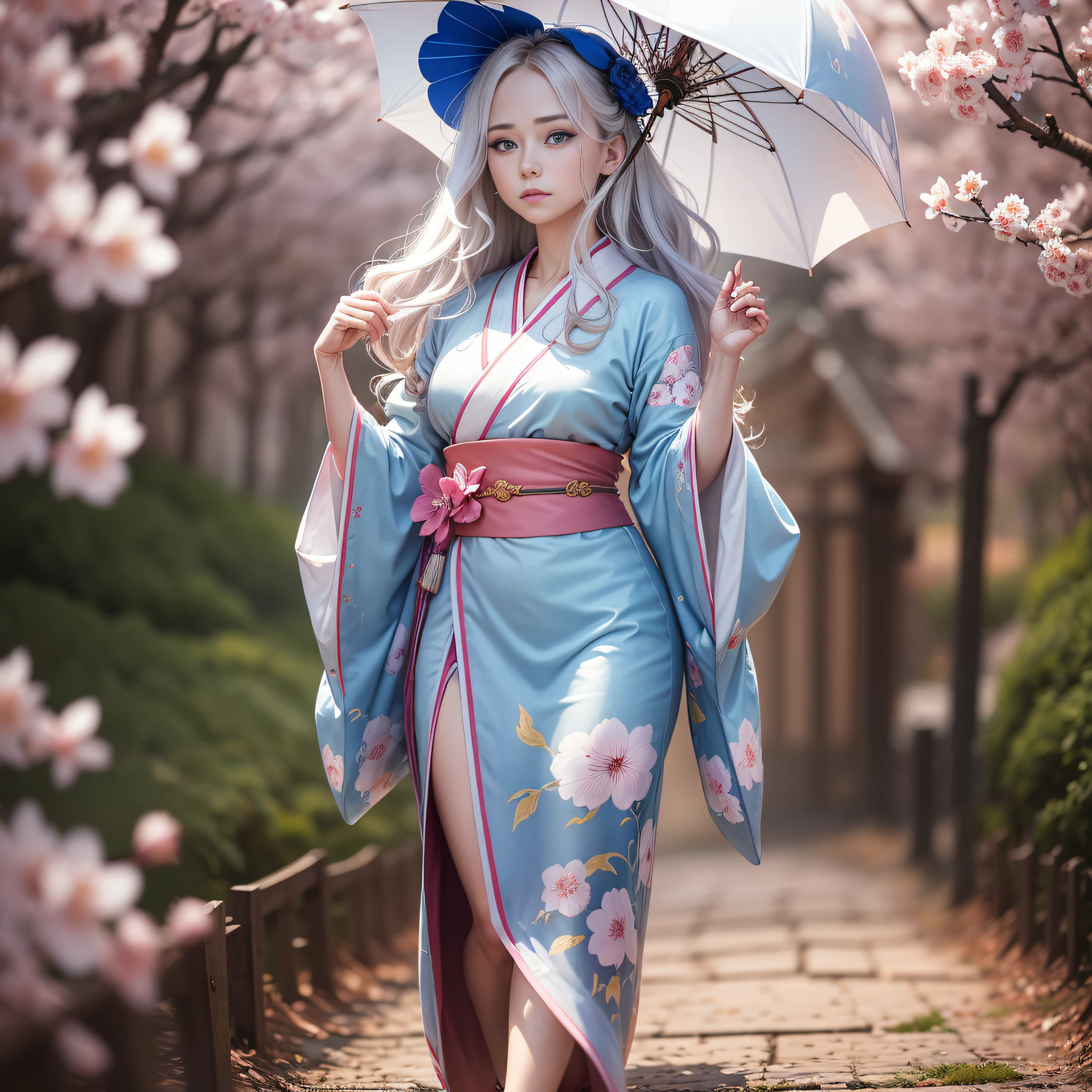 (full shot,full body:1.4),a beautiful Russian girl with large bright blue eyes of the Nordic type with a perfect graceful figure and very long and fluffy wavy hair of wheat color stands against the background of blooming Japanese pink cherry blossoms in a Japanese kimono and Japanese shoes, the girl's kimono is transparent, a small breast with protruding shines through it, the girl has a white umbrella from the sun in her hands, the scene is highly artistic, High Detail, Clear Focus, Migjorni V5 Style, Hyper Photorealism, Perfect Proportions, Golden Ratio, Leonardo Davinci Artist Style, Photographer Jerry Gionis Style, Back Light, Outline, Sun Rays, Front Light Fill Soft, Soft Focus, Photo Monocle Style --auto --s2