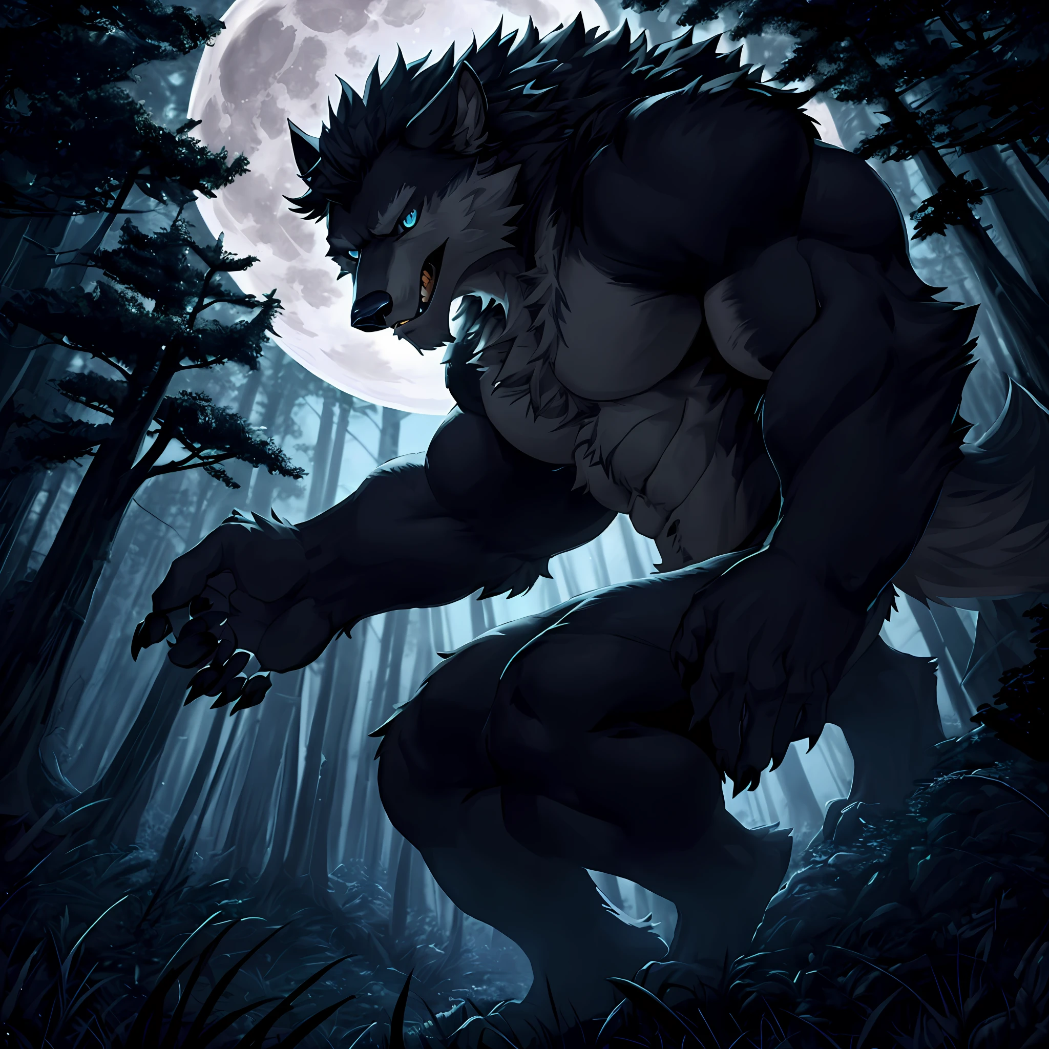 Forest, werewolf, solo, full moon in background, detailed eye, cinematic lighting, ultra-wide angle, masterpiece, UHD, anatomically correct, high detail, high quality,