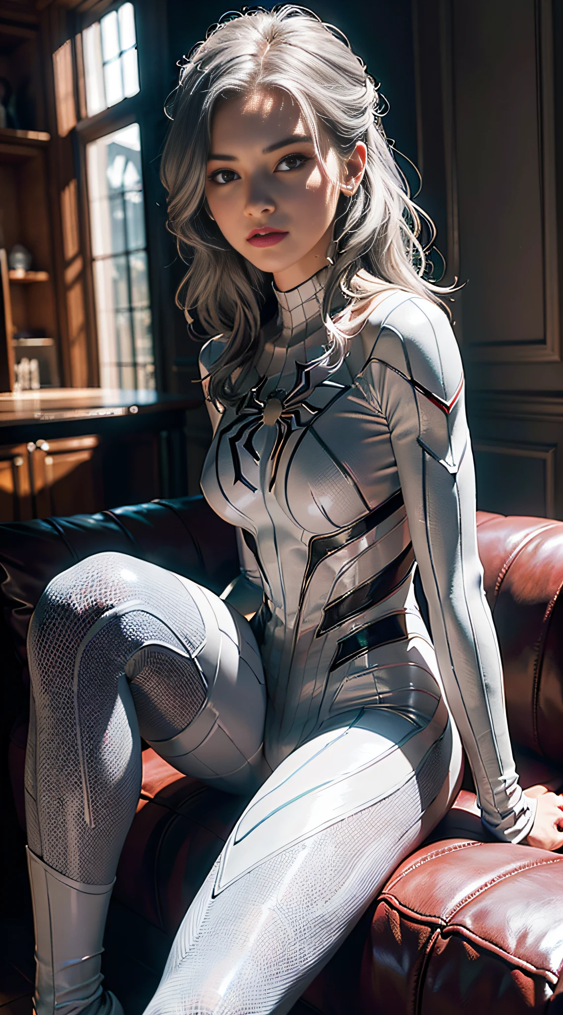 (Extreme Detail CG Unity 8K wallpaper, masterpiece, highest quality), (Exquisite lighting and shadow, highly dramatic picture, Cinematic lens effect), a girl in a white Spider-Man costume, silver gray hair color, from the Spider-Man parallel universe, Wenger, Marvel, Spider-Man, sitting on the couch, dynamic pose), (excellent detail, excellent lighting, wide angle), (excellent rendering, enough to stand out in its class), focus on white Spider-Man costumes, complex spider textures