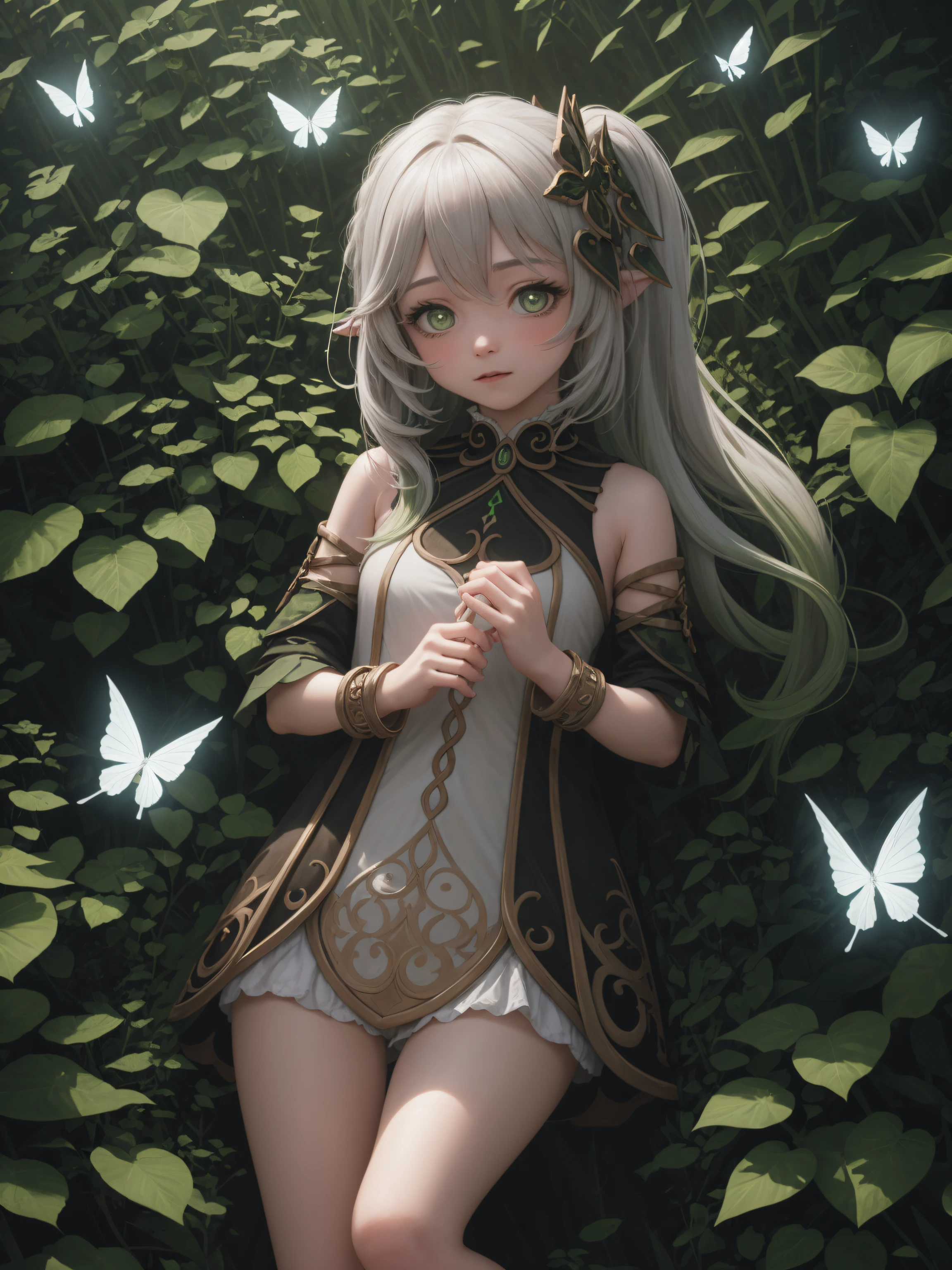 1girl, solo, full body, (masterpiece:1.21), (best quality:1.2), colorful, (illustration:1.2), (cinematic lighting:1.1), (bare shoulders:1.21), (collarbone:1.21)
In this whimsical and fantastical garden, the scene is illuminated by a rainbow of (colorful fireflies), dancing and fluttering in the air. The garden is decorated by a gentle (drizzle), creating a misty and ethereal atmosphere. In the center of the scene, there is a single girl, an extremely delicate and beautiful girl, with cute features and an innocent expression. Her long hair is flowing with the wind. She is wearing no shoulder straps dress, which is ultra low cut, highlighting her delicate curves.

The lighting is very delicate and beautiful, creating a soft and warm glow that highlights the water, making it sparkle like diamonds. The finest grass is also illuminated, creating a lush and verdant carpet. The garden is surrounded by colorful flower fields, with blooms of every color and shape. (Colorful butterflies), of every shade and size, can be seen fluttering around the scene, adding to the overall sense of wonder and magic. (look ai viewer),A blush can be seen on her nose, and her mouth is slightly open, adding to the overall sense of innocence and youthfulness. Falling petals can be seen floating around her, adding to the overall sense of romance and beauty. A gentle wind is blowing through the scene, making the leaves rustle and the flowers sway, adding to the overall sense of movement and life. This is a scene of pure wonder and magic, filled with color and beauty, where the viewer can lose themselves in the enchanting and captivating world.
