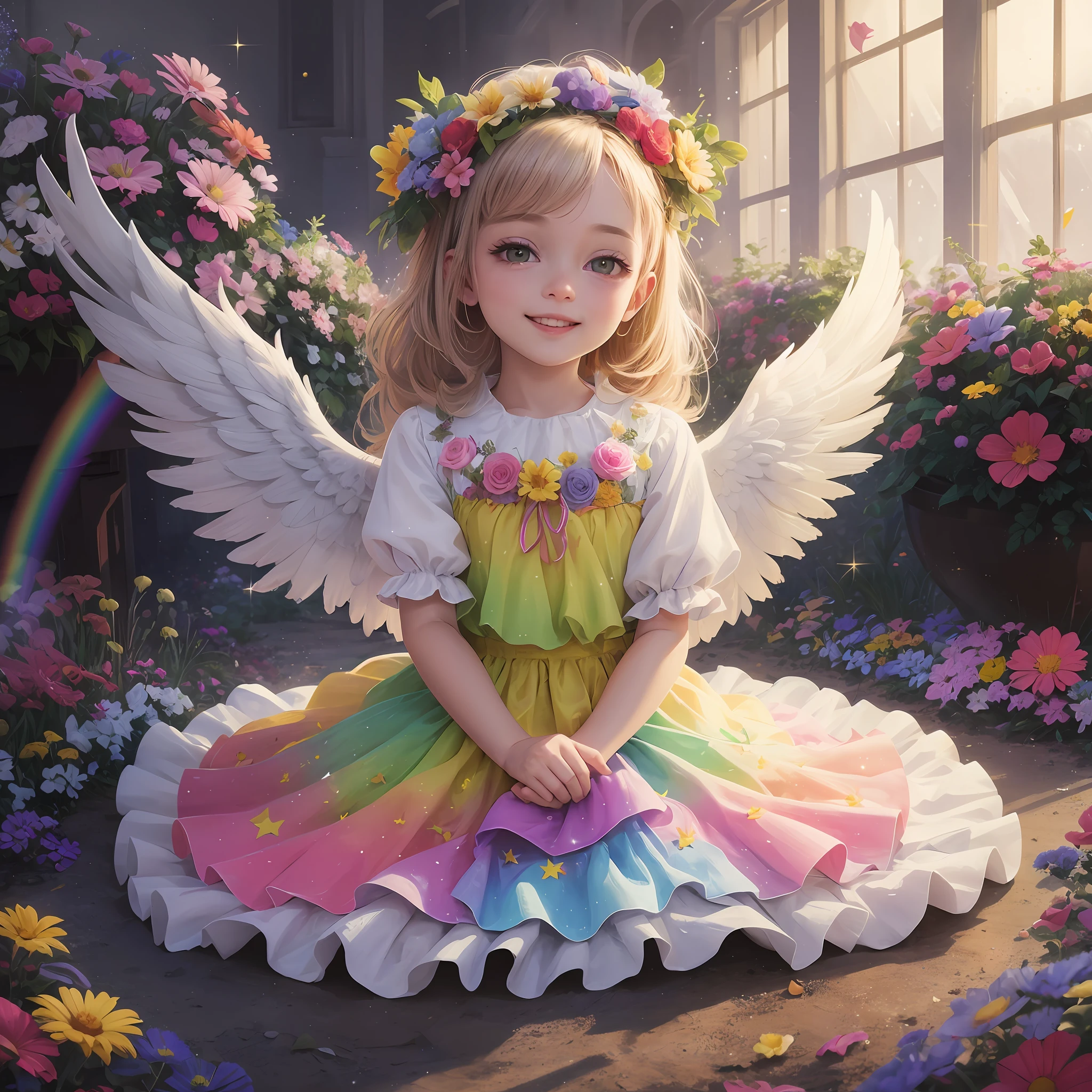 , angel, glitter, cheerful smile, rainbow colors, light, flower garden, halo --auto --s2