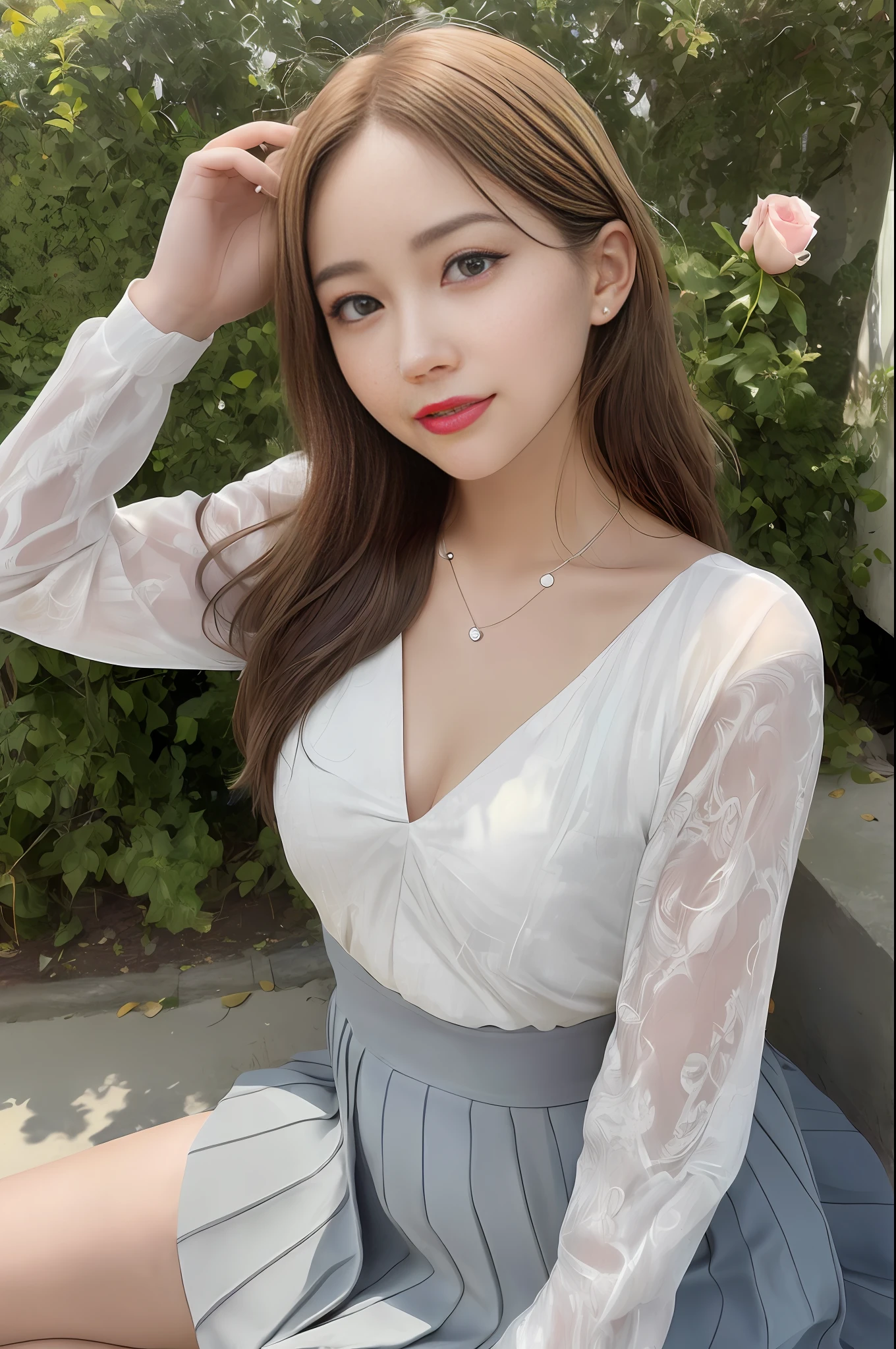 RAW, (Intricate Details: 1.3), (Best Quality: 1.3), (Masterpiece: 1.3), (Realistic:1.4), (Masterpiece, Best Quality, Ultra Detailed), [Reflection], Ultra Realistic,
(Best Lighting, Best Shadows, Extremely Delicate and Beautiful), shot by Canon EOS, SIGMA Art Lens 35mm F1.4, ISO 200 shutter speed 2000, vivid picture, 1 girl, super detailed,
Ultra-high resolution, very detailed physically based rendering, dynamic angles, dynamic poses, wind, 8K UHD, vivid graphics, high definition, high-quality textures, complex details,
Accent lighting, (Backlight:1.3), Professional lighting, Face lighting, Film lighting, Bokeh,
(Best Quality True Texture Skin: 1.4), Fine Fine Eyes, Fine Fine Face, Fine Eyes,
Fine texture, fine detail, high detail, extremely detailed CG, high quality shadows, realistic facial expression, (high detail skin, skin detail), slender waist, beautiful realistic and detailed hands and fingers: 1, optimal ratio of four fingers and one thumb, (detailed face, detailed eyes, beautiful face), belly fat: 0.1, looking at the audience,
1girl, 19yo, (sparkling eyes: 1.3), (sparkling lips: 1.3), (necklace), (looking at the audience), (small breasts), (dresses and pleated skirts), (from below), (open legs: 0.7), (tired sleepy and smiling: 1.2),
Outdoor, (in the middle of a rose garden), (long shot, full body shot, rule of thirds)