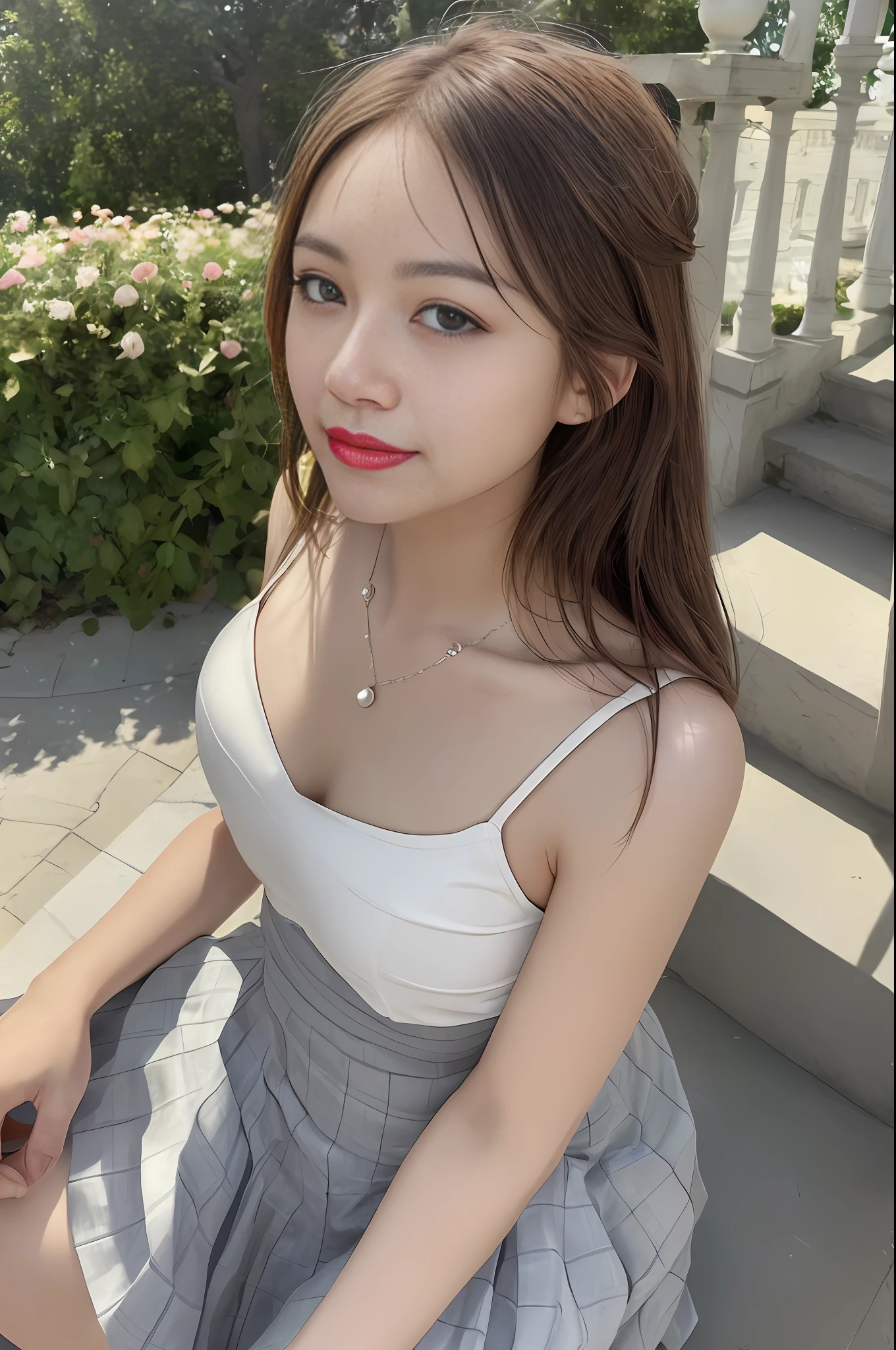 RAW, (Intricate Details: 1.3), (Best Quality: 1.3), (Masterpiece: 1.3), (Realistic:1.4), (Masterpiece, Best Quality, Ultra Detailed), [Reflection], Ultra Realistic,
(Best Lighting, Best Shadows, Extremely Delicate and Beautiful), shot by Canon EOS, SIGMA Art Lens 35mm F1.4, ISO 200 shutter speed 2000, vivid picture, 1 girl, super detailed,
Ultra-high resolution, very detailed physically based rendering, dynamic angles, dynamic poses, wind, 8K UHD, vivid graphics, high definition, high-quality textures, complex details,
Accent lighting, (Backlight:1.3), Professional lighting, Face lighting, Film lighting, Bokeh,
(Best Quality True Texture Skin: 1.4), Fine Fine Eyes, Fine Fine Face, Fine Eyes,
Fine texture, fine detail, high detail, extremely detailed CG, high quality shadows, realistic facial expression, (high detail skin, skin detail), slender waist, beautiful realistic and detailed hands and fingers: 1, optimal ratio of four fingers and one thumb, (detailed face, detailed eyes, beautiful face), belly fat: 0.1, looking at the audience,
1girl, 19yo, (sparkling eyes: 1.3), (sparkling lips: 1.3), (necklace), (looking at the audience), (small breasts), (dresses and pleated skirts), (from below), (open legs: 0.7), (tired sleepy and smiling: 1.2),
Outdoor, (in the middle of a rose garden), (long shot, full body shot, rule of thirds)
