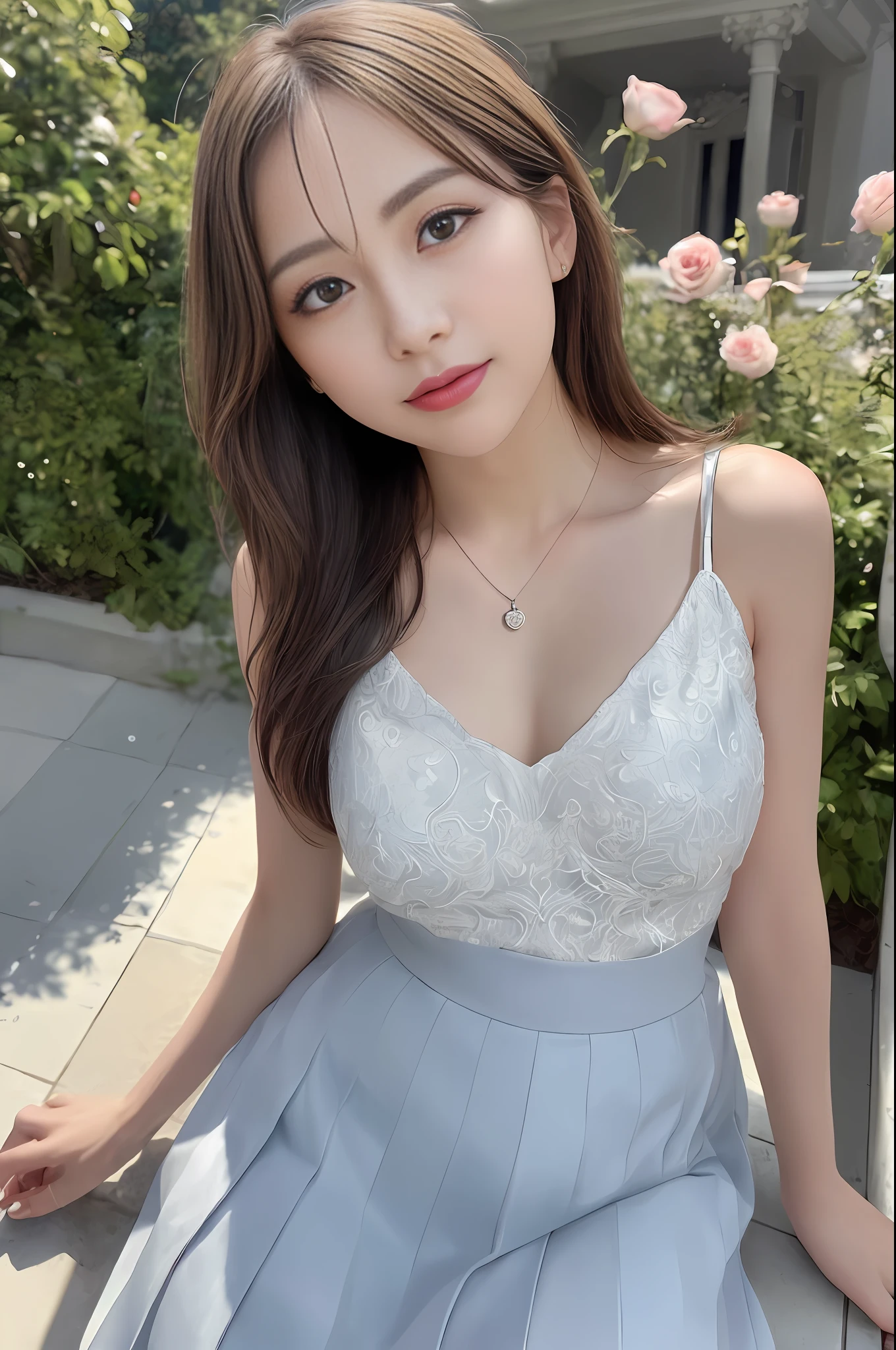RAW, (Intricate Details: 1.3), (Best Quality: 1.3), (Masterpiece: 1.3), (Realistic:1.4), (Masterpiece, Best Quality, Ultra Detailed), [Reflection], Ultra Realistic,
(Best Lighting, Best Shadows, Extremely Delicate and Beautiful), shot by Canon EOS, SIGMA Art Lens 35mm F1.4, ISO 200 shutter speed 2000, vivid picture, 1 girl, super detailed,
Ultra-high resolution, very detailed physically based rendering, dynamic angles, dynamic poses, wind, 8K UHD, vivid graphics, high definition, high-quality textures, complex details,
Accent lighting, (Backlight:1.3), Professional lighting, Face lighting, Film lighting, Bokeh,
(Best Quality True Texture Skin: 1.4), Fine Fine Eyes, Fine Fine Face, Fine Eyes,
Fine texture, fine detail, high detail, extremely detailed CG, high quality shadows, realistic facial expression, (high detail skin, skin detail), slender waist, beautiful realistic and detailed hands and fingers: 1, optimal ratio of four fingers and one thumb, (detailed face, detailed eyes, beautiful face), belly fat: 0.1, looking at the audience,
1girl, 19yo, (sparkling eyes: 1.3), (sparkling lips: 1.3), (necklace), (looking at the audience), (small breasts), (dresses and pleated skirts), (from below), (open legs: 0.7), (tired sleepy and smiling: 1.2),
Outdoor, (in the middle of a rose garden), (long shot, full body shot, rule of thirds)