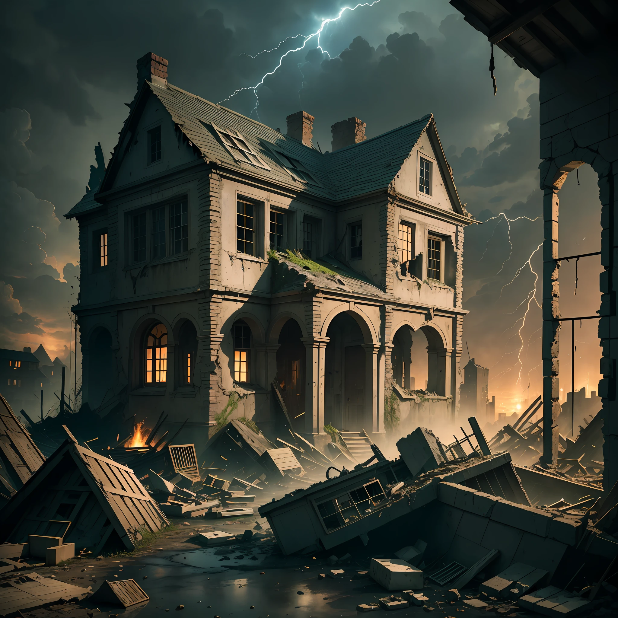 House in ruins, catching fire, rubble, scene of destruction, Dusk, Upper-Atmospheric Lightning, Rain, inside a house, medieval house, things scattered on the floor