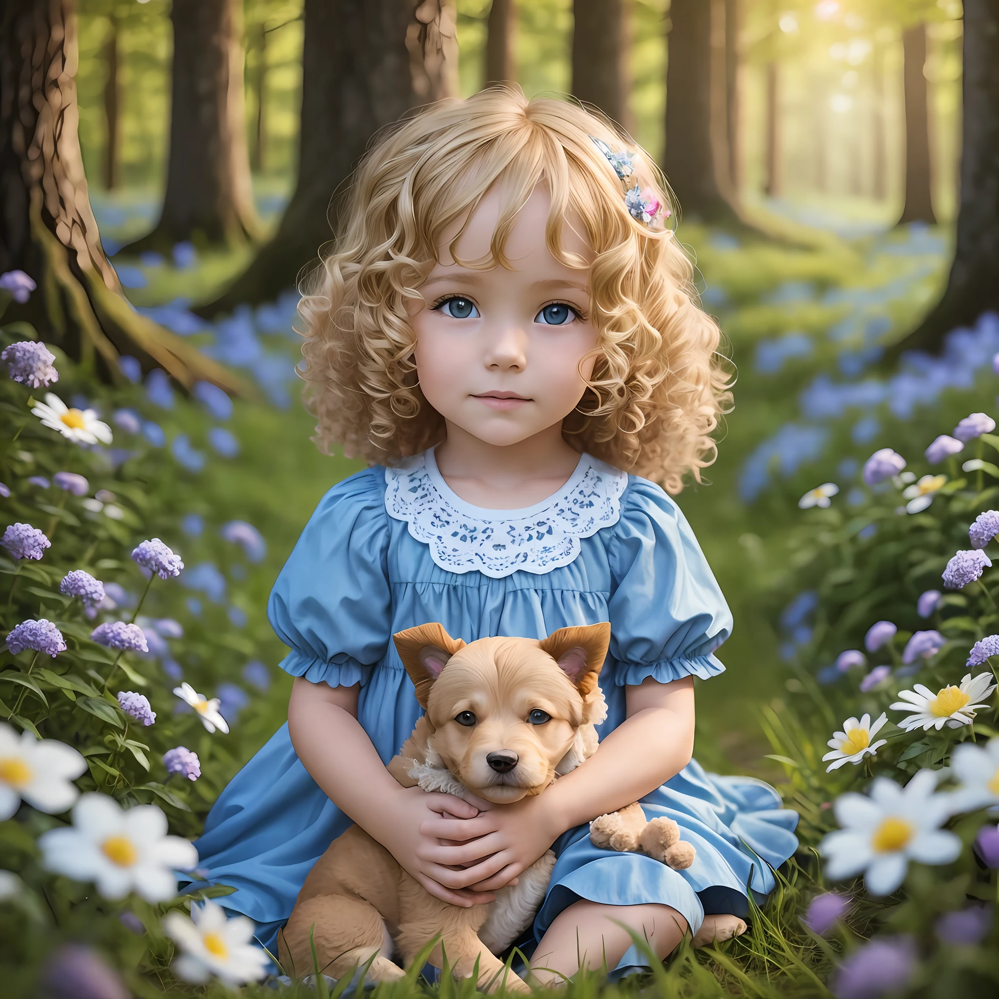 blonde child, 3 years old, curly hair, sky blue dress, with Yorkshire brown dog on lap, forest illuminated with many flowers, photorealistic, backlight, warm tones --auto --s2