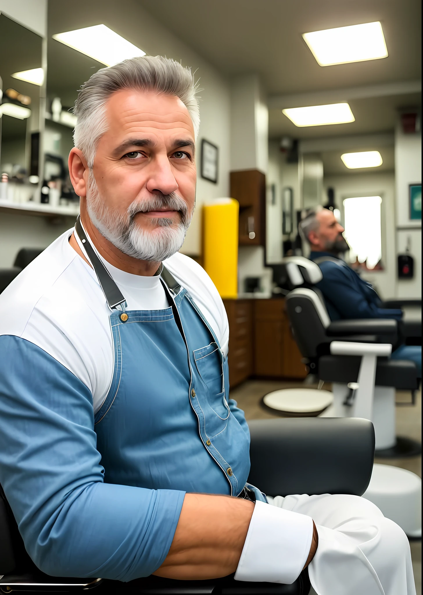 Half-bodyed, detailed portrait of a 50-year-old man, short beard, gray hair, jeans shirt and suspender, epic (photo, sony a7, 35 mm, matte skin, pores, hyper-detailed, hyper-realistic), (he's sitting in a cyberpunk barbershop, brutalist maximalist, white accent light, 1man, handsome:1.2) (detailed photo:1.2)