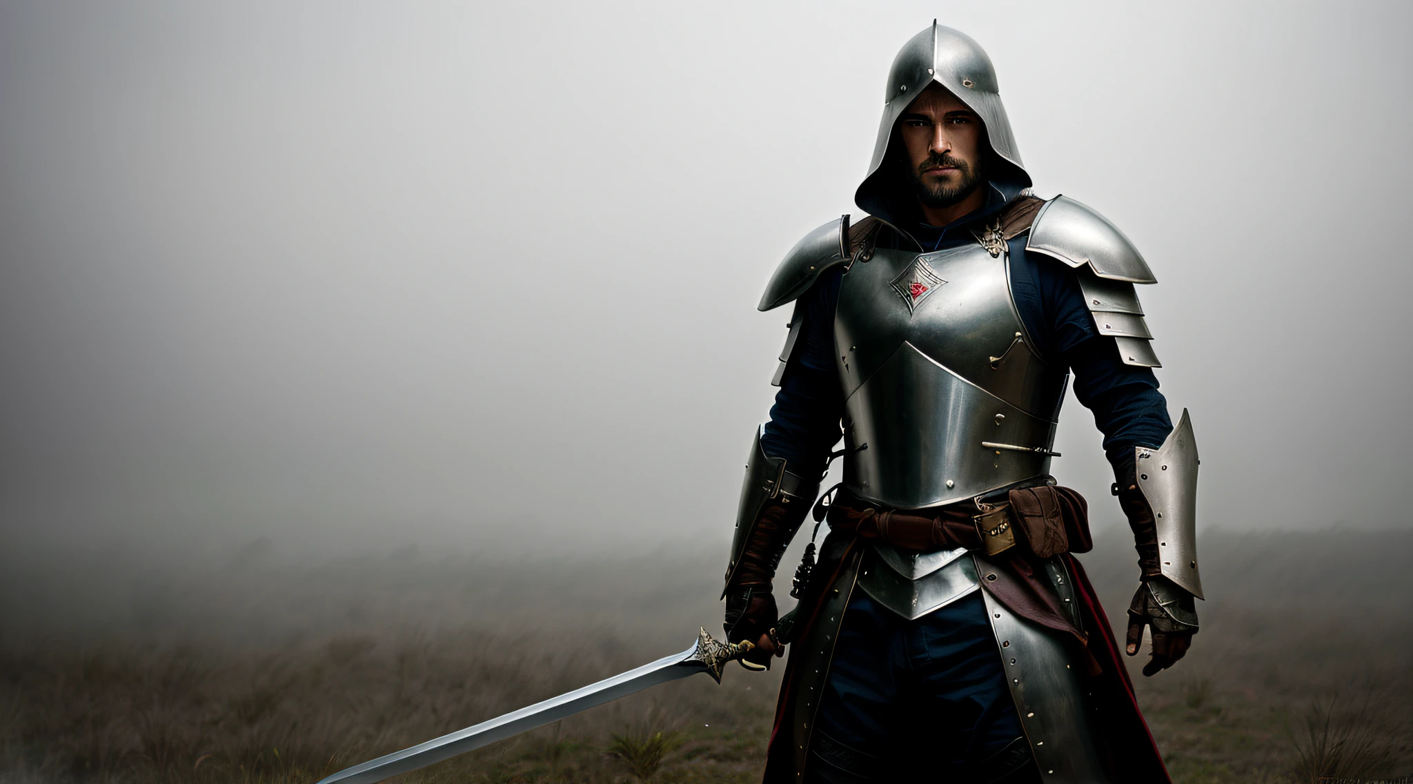 arafed knight in full armor with sword in foggy field, attractive male with armor, fantasy warrior in full armor, wearing leather assassin armor, wearing heavy armor with cape, knights templar in a space suit, aragorn medieval armor, knight wearing plate armor, knight in armor, fantasy character photo, rugged male medieval knight, fantasy knight, aragorn with medieval armour