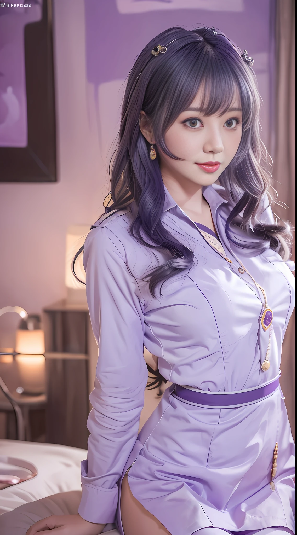 The painting style is soft, childish and cute, rich in ancient style, flowing and moving, full of flesh, girly heart, sweet and lovely, flight attendant uniform, simple atmosphere, loose and comfortable, purple tone, bright and soft lighting. The figure is fat