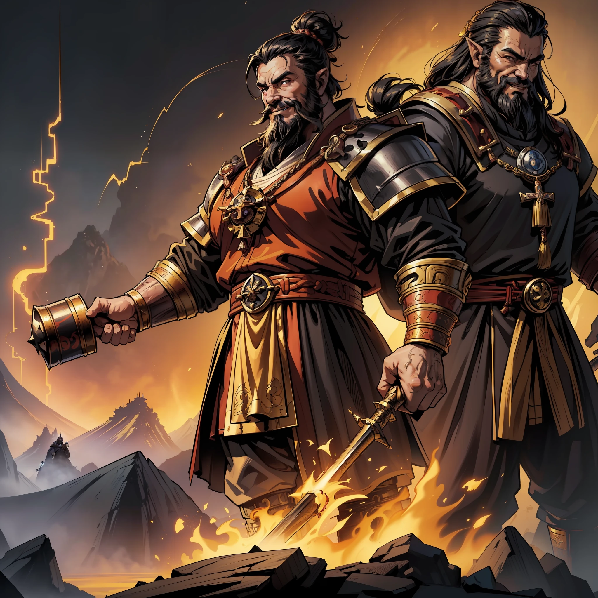 (extremely detailed 8k wallpaper:1.2), (best quality:1.2), (adventure and fantasy theme), profile (Paizo Pathfinder RPG character and Dungeons & Dragons), (((dwarf race man)))), young, strong, fat, sharp focus, (subsurface scattering:1.1), award-winning photography, (((Cleric-Class:1.3)), ((half-body shot:1.1)), centered face, long black hair in samurai bun, black eyes:1.2, black beard, Chinese, smiling, wearing golden Chinese sacred robes, war hammer in hand, (standing on oriental background landscape:1.3), (very detailed background:1.2),dramatic lighting, SFW