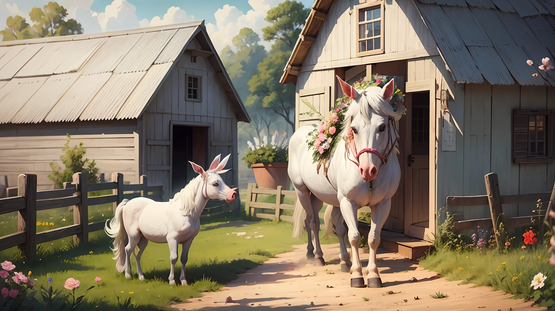 Friendship Blooms White horse,  girl, Dona Maria, Farm animals, Piggy, Duck, Rabbit, drawing, colorful, child, farm, e-book