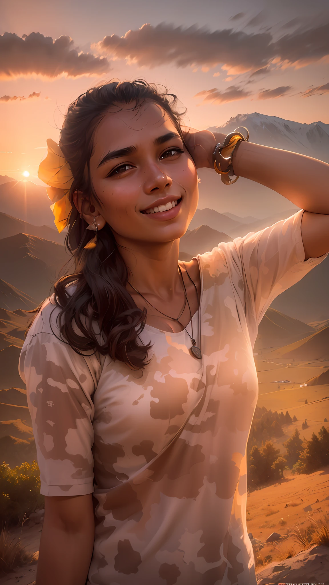 there is a young girl standing in a field with a kite, nivanh chanthara, around 1 , with mountains in the background, with mountains in background, with a beautifull smile, photo of the girl, photo taken in 2 0 2 0, during sunset, indian girl with brown skin, with mountains as background, in mountains