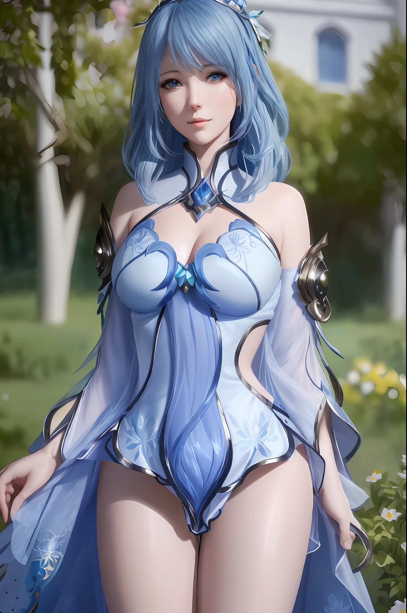 arafed woman in a blue dress posing in a garden, anime goddess, 8k high quality detailed art, beautiful alluring anime woman, extremely detailed artgerm, blue elf, anime highly detailed, seductive anime girl, trending on cgstation, fanart best artstation, pale blue armor, smooth anime cg art, extremely detailed goddess shot, photorealistic anime girl render