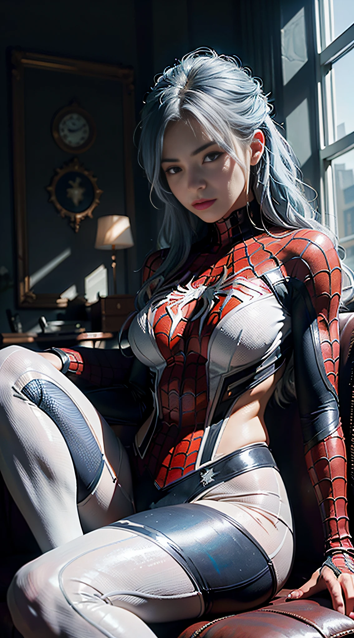 (Extreme Detail CG Unity 8K wallpaper, masterpiece, highest quality), (exquisite lighting and shadow, highly dramatic picture, cinematic lens effect), a girl in a white Spider-Man costume, gray-blue hair color, from the Spider-Man parallel universe, Wenger, Marvel, Spider-Man, sitting on the couch, dynamic pose), (excellent detailing, excellent lighting, wide angle), (excellent rendering, enough to stand out in the same class), with a focus on white Spider-Man costumes, complex spider textures