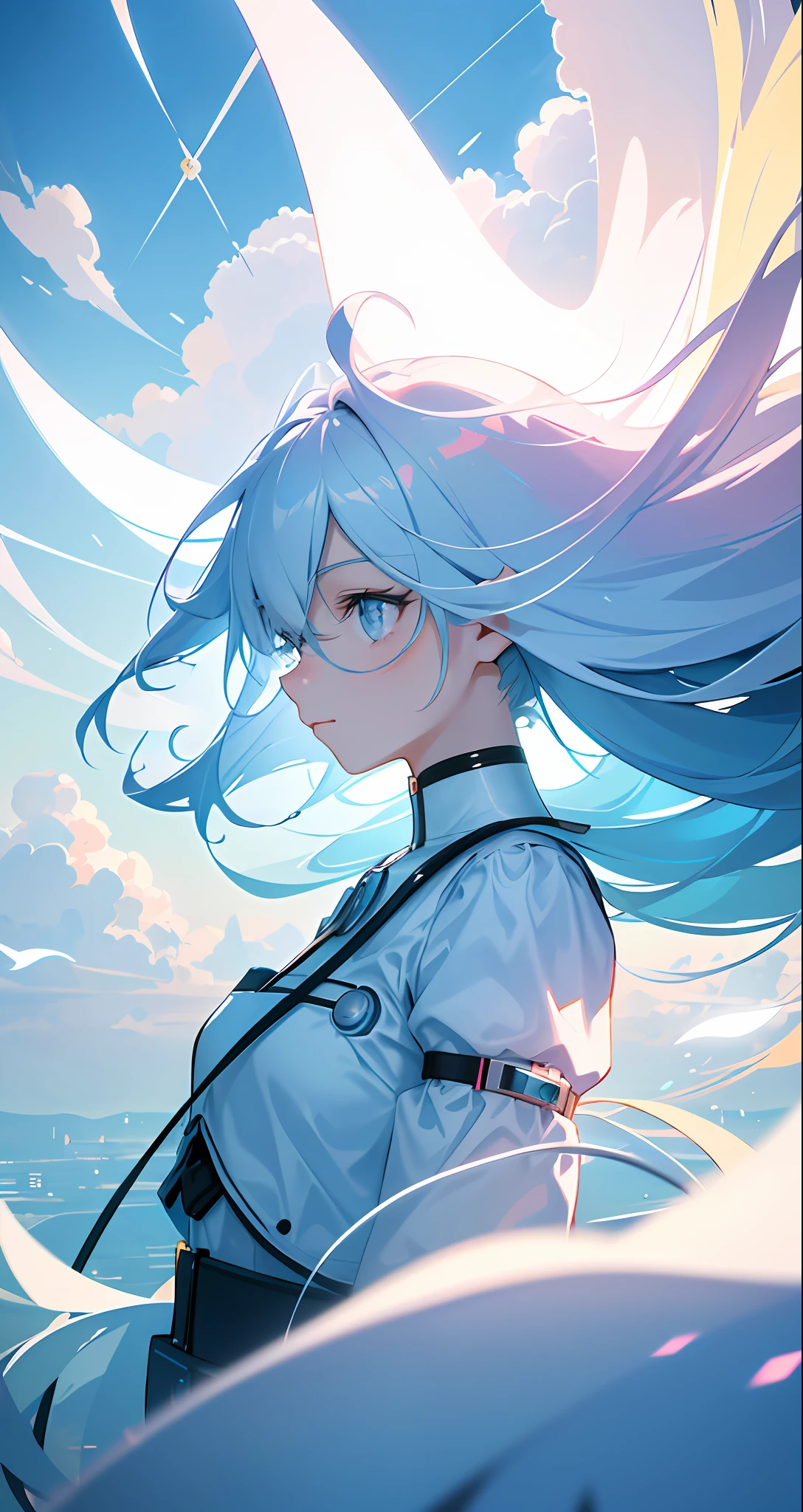 masterpiece, best quality, movie still, 1girl, floating in the sky, cloud girl, cloud, (close-up:1.1), bright, happy, fun, soft lighting, (Bauhaus, shapes, lines, abstract:1.1)